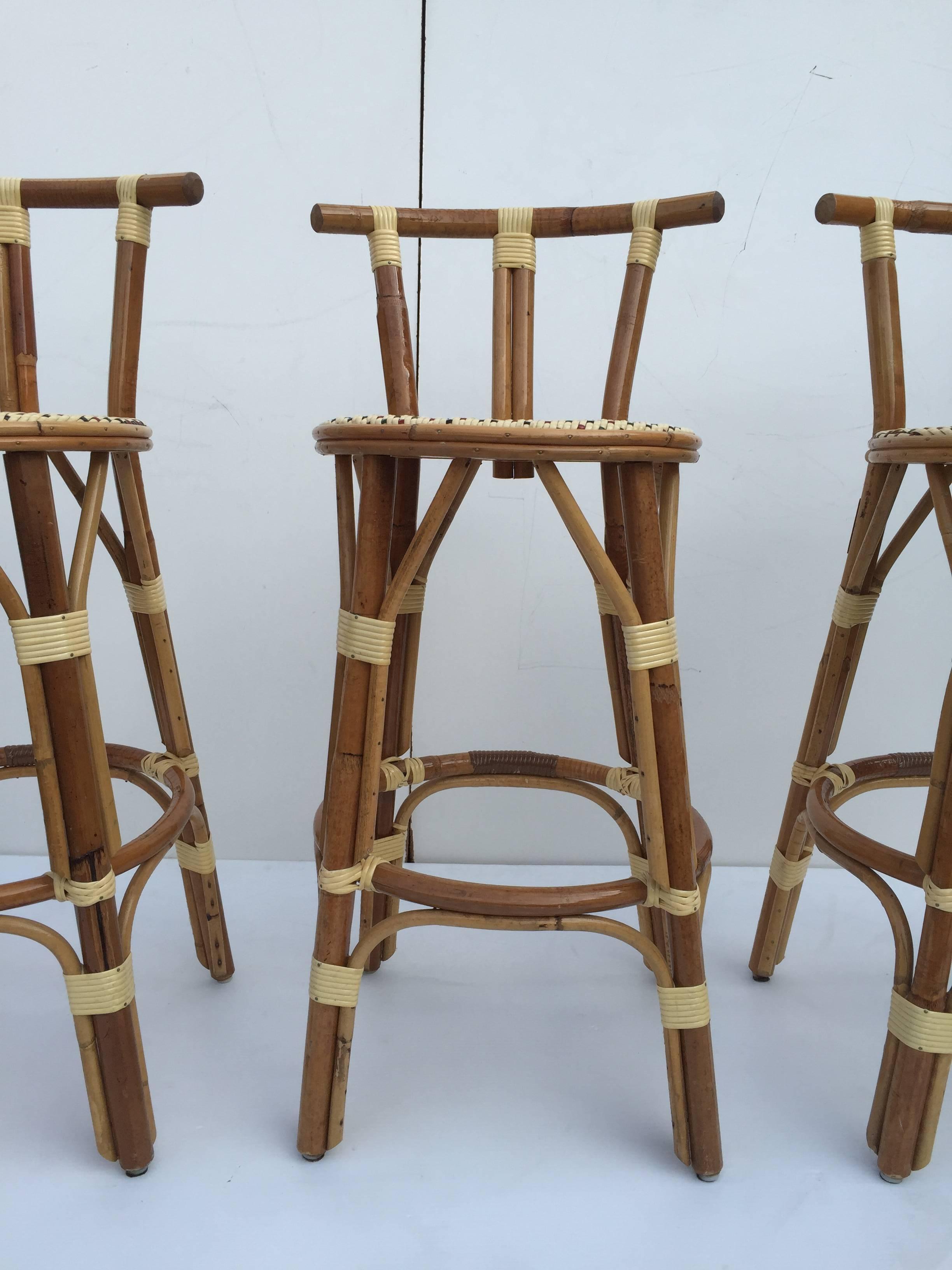 Mid-Century Modern Set of Three Petit French Bar Stools For Sale