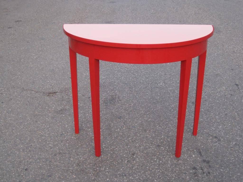 Spectacular Chinese red high gloss Hollywood sofa console table fully finished to display in the middle of the room, please contact us for more detail images. Hollywood high gloss red Mid-Century Modern demilune console in lacquer.  This item is on