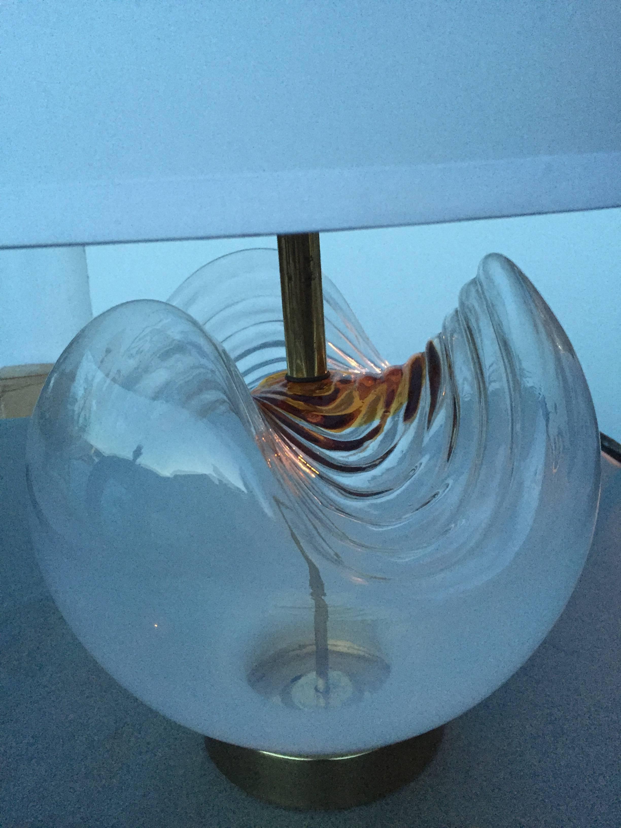 Two-tone amber and feathered white with clear glass round lamp, ‭this item is now on sale for a clearance price.