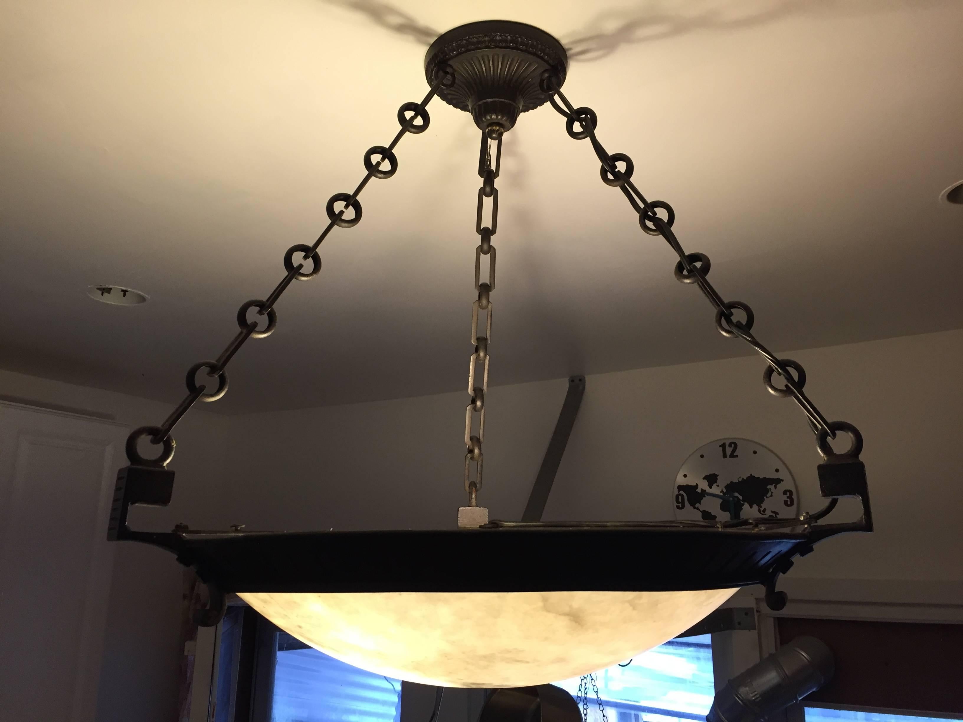 Pair of Cast Iron Alabaster Chandeliers In Good Condition For Sale In Bronx, NY