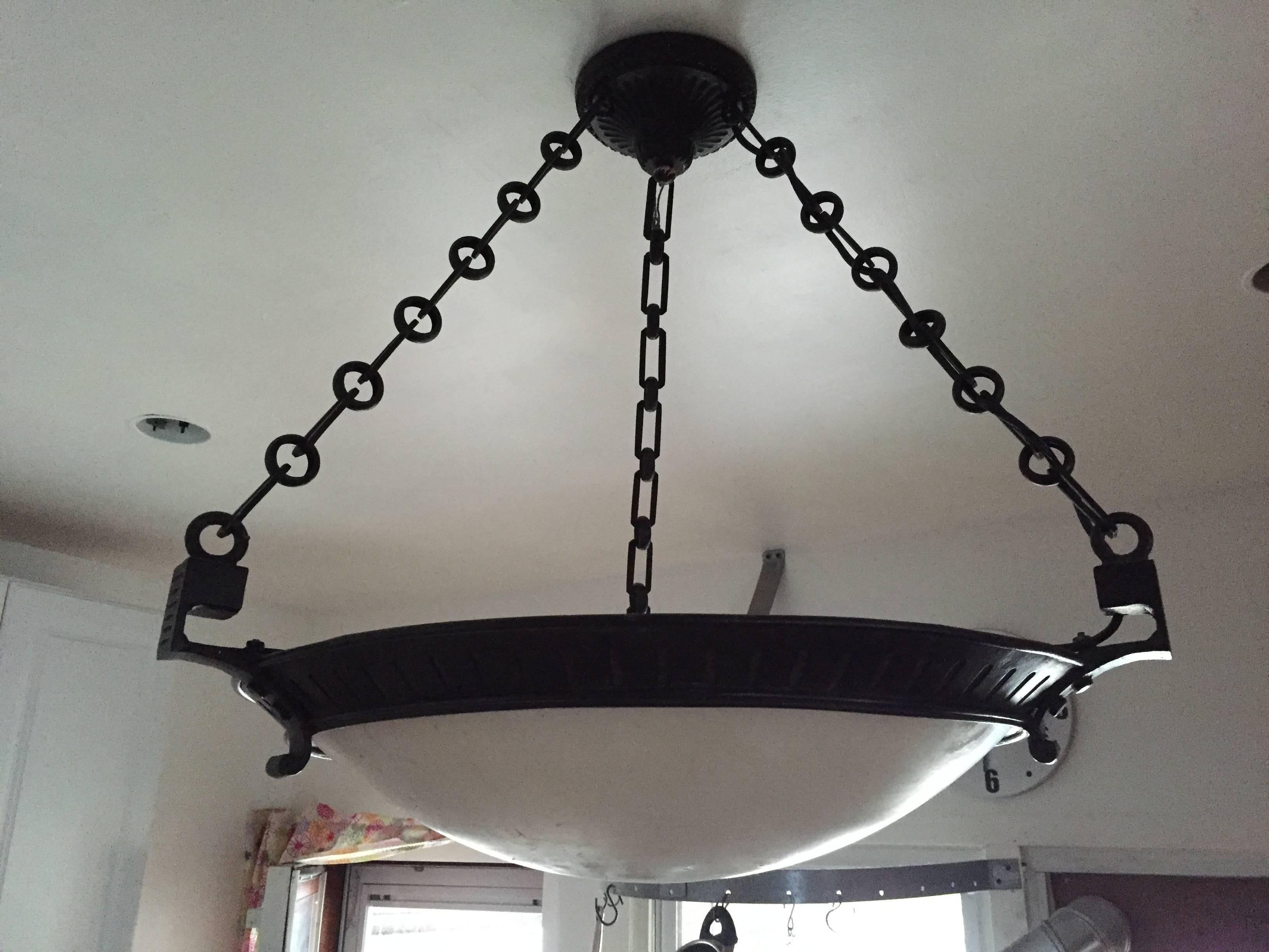 20th Century Pair of Cast Iron Alabaster Chandeliers For Sale
