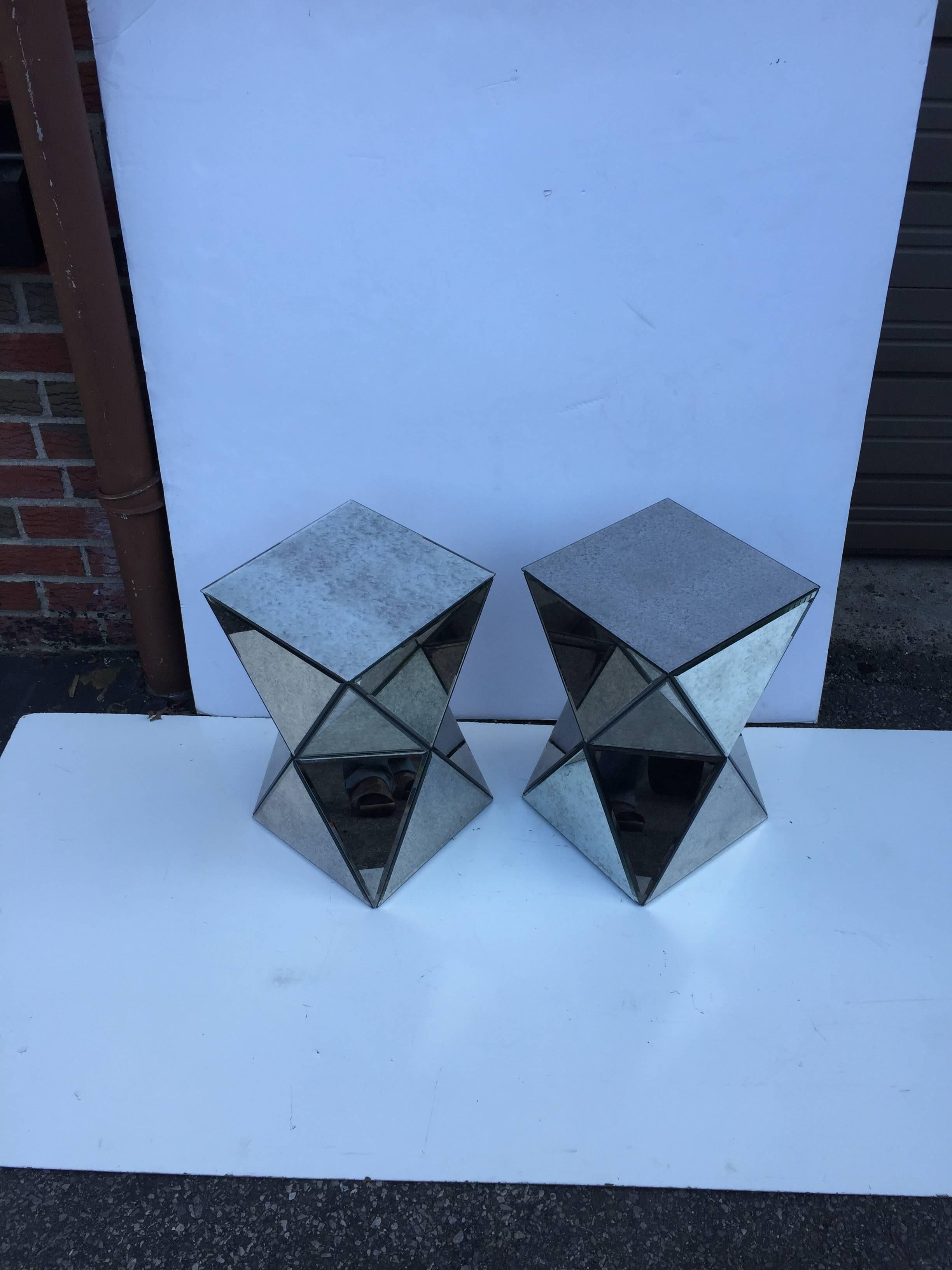 Petit Pair of Polyhedron Mirror End Tables For Sale 2