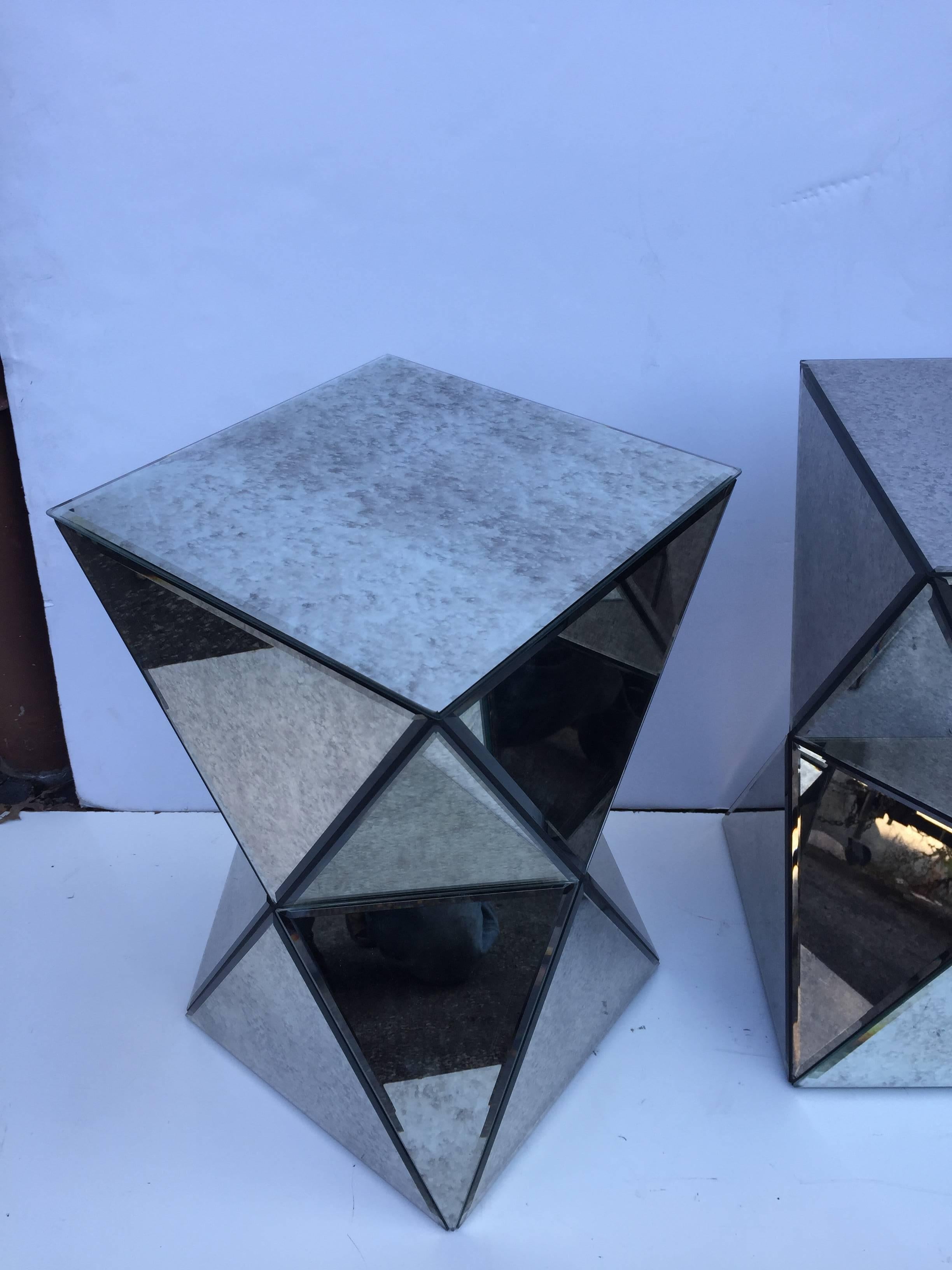 Petit Pair of Polyhedron Mirror End Tables For Sale 1