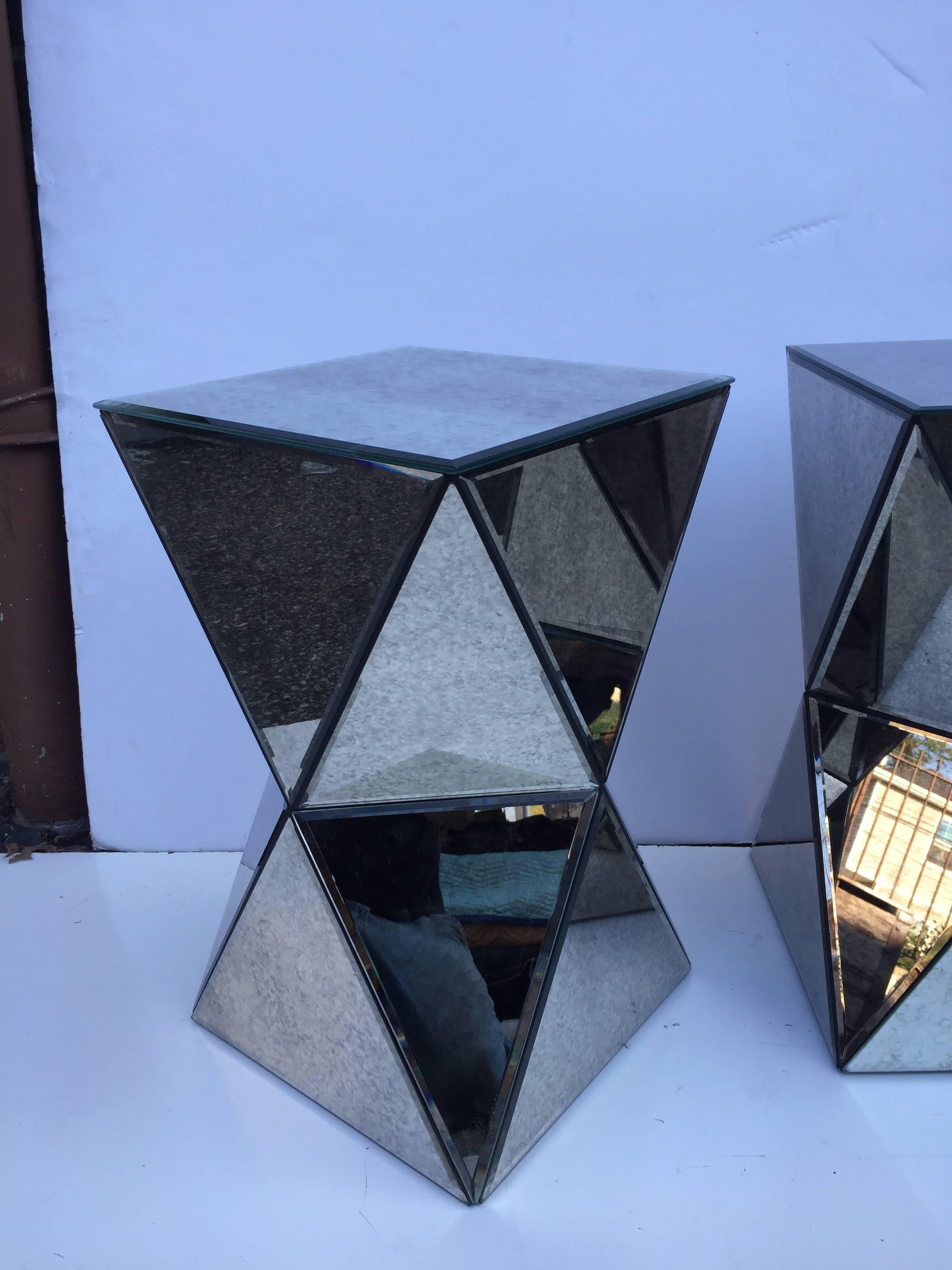 20th Century Petit Pair of Polyhedron Mirror End Tables For Sale