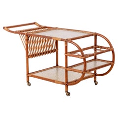 Danish Mid-Century Bamboo and Rattan Bar Cart with Glass, 1950s