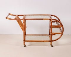 Danish Mid-Century Bamboo and Rattan Bar Cart with Glass, 1950s