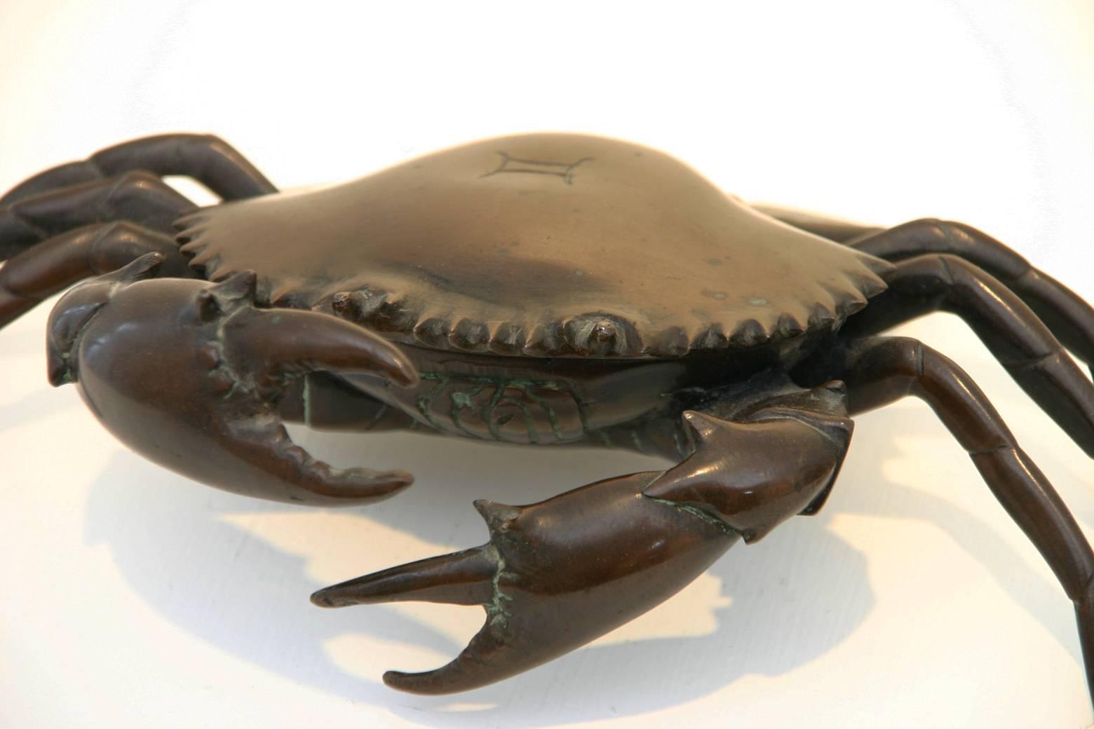 An early 20th century, Continental bronze inkstand in the form of a crab with glass inkpot.