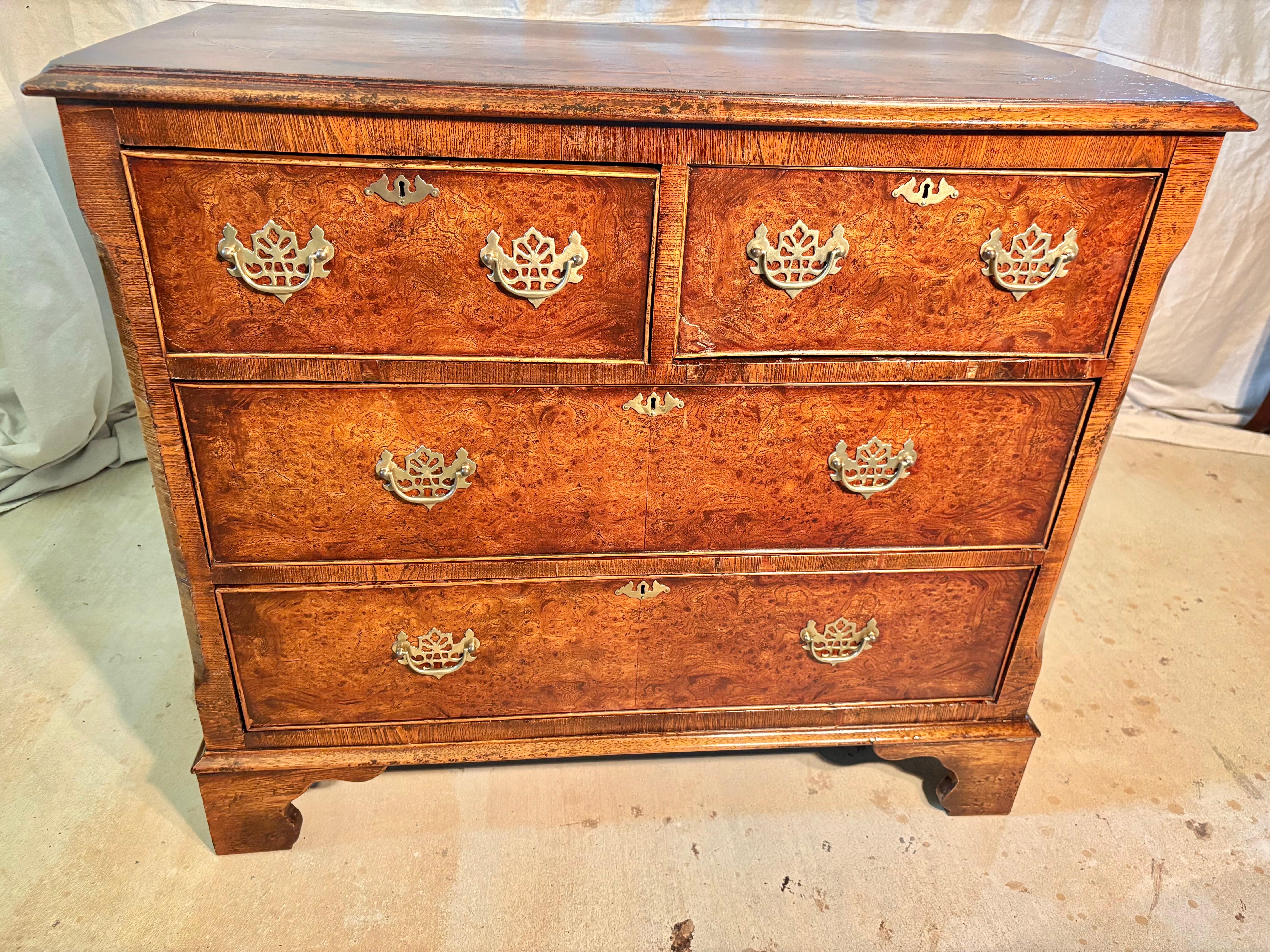 Hand-Crafted Late 19th Century English George II Style Burl Walnut Chest of Drawers For Sale