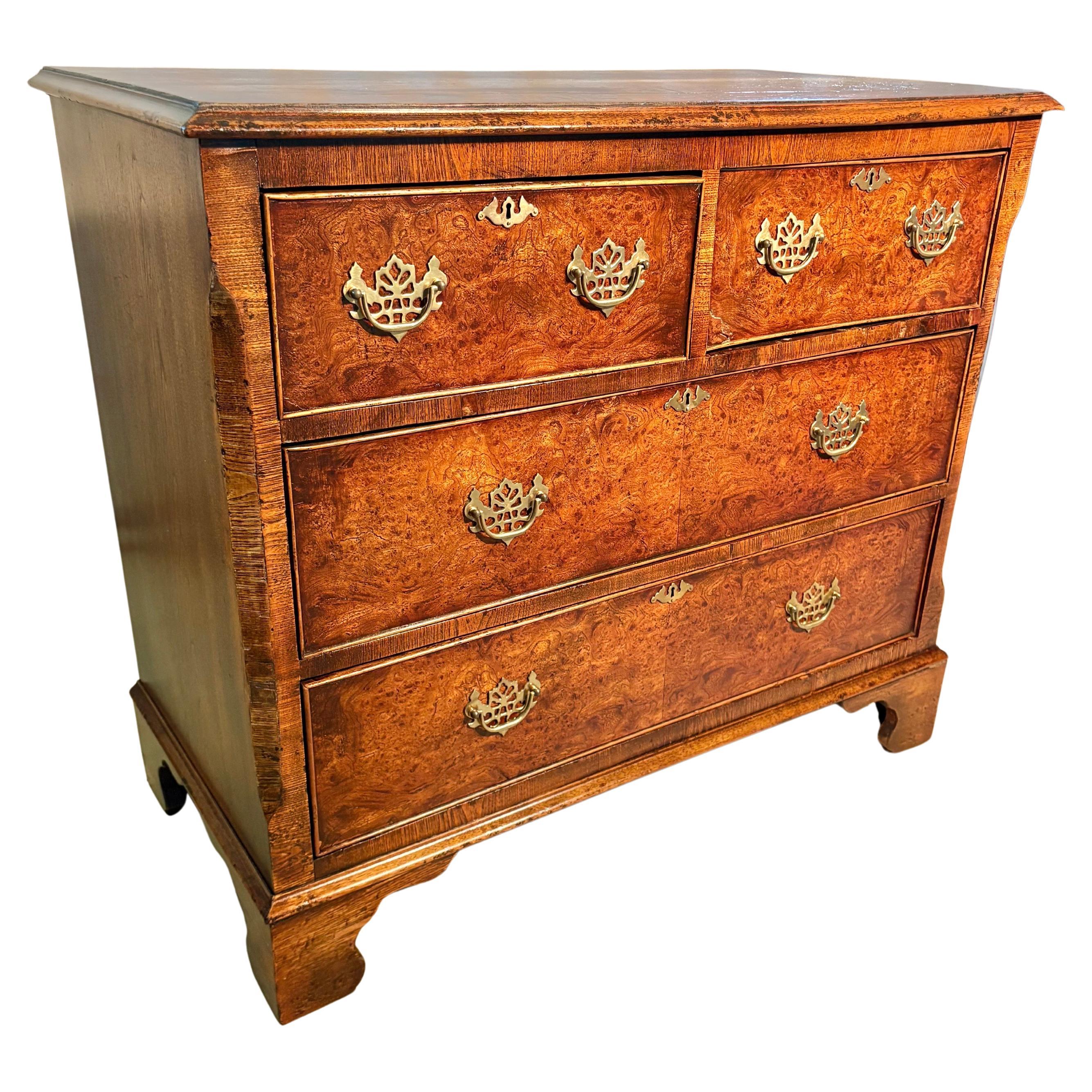 Late 19th Century English George II Style Burl Walnut Chest of Drawers For Sale