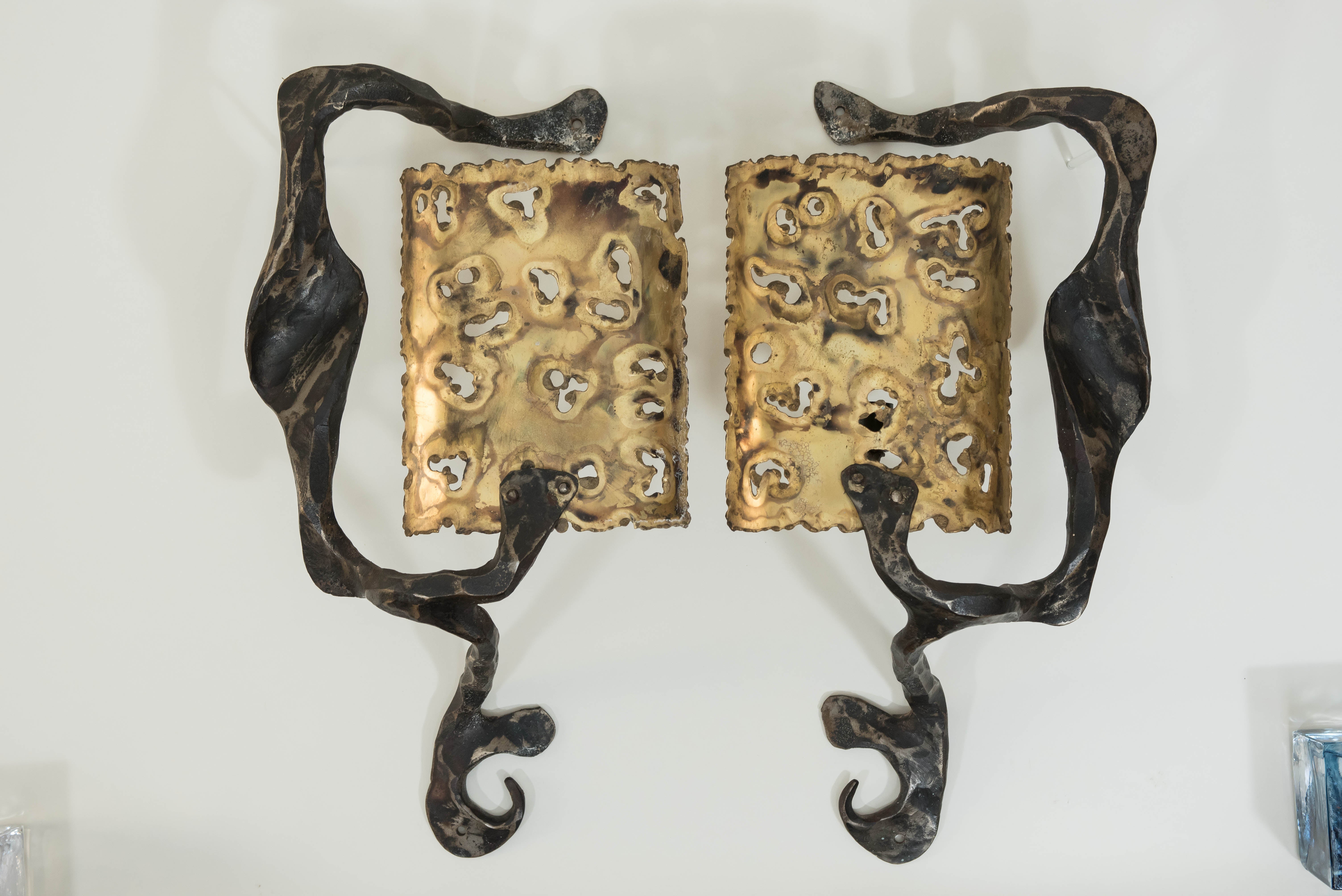 Pair of Iron and Brass Brutalist Style Sconces from France