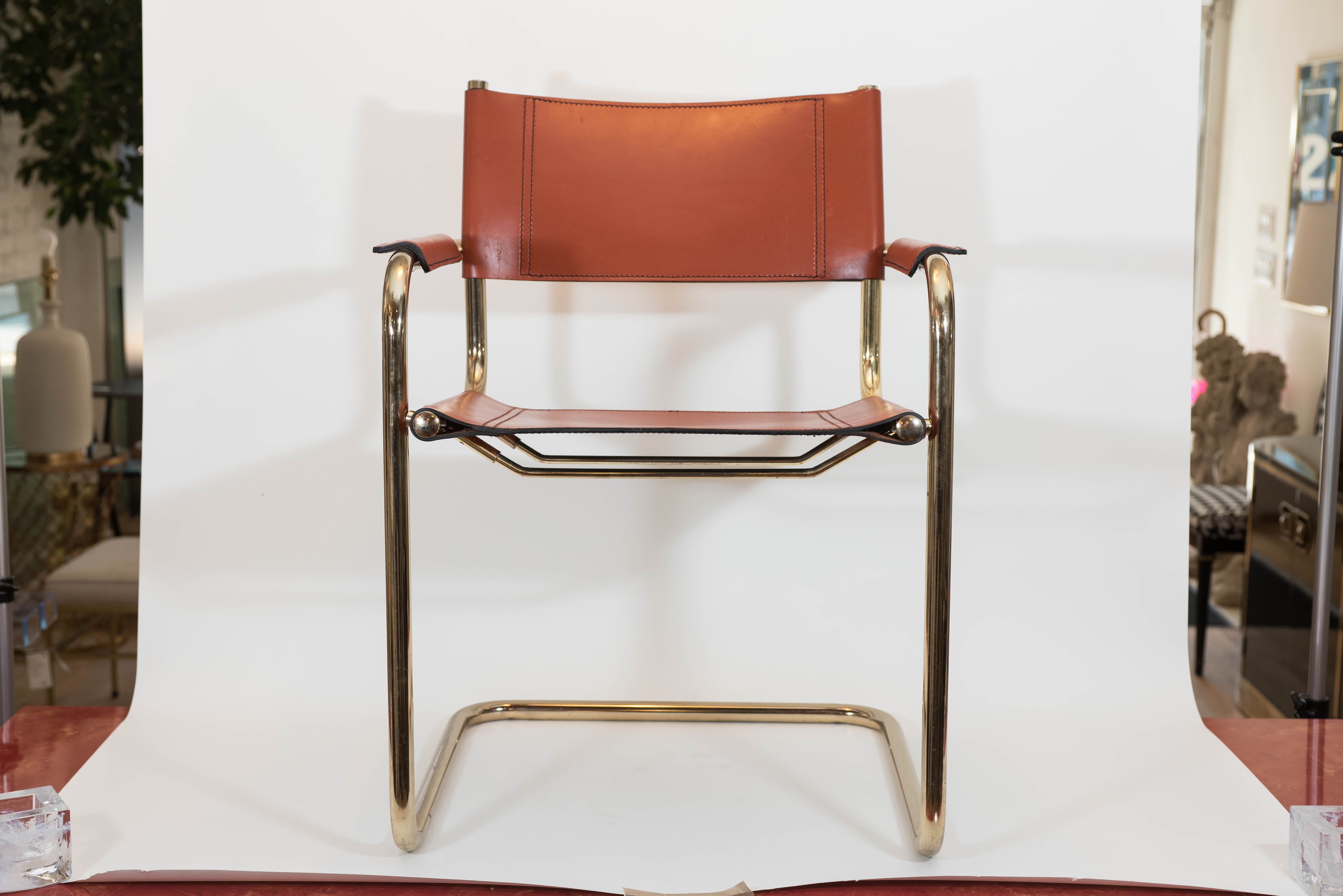 Set of Four Marcel Breuer Style "Cognac" Leather Chairs in Brass by Cassina