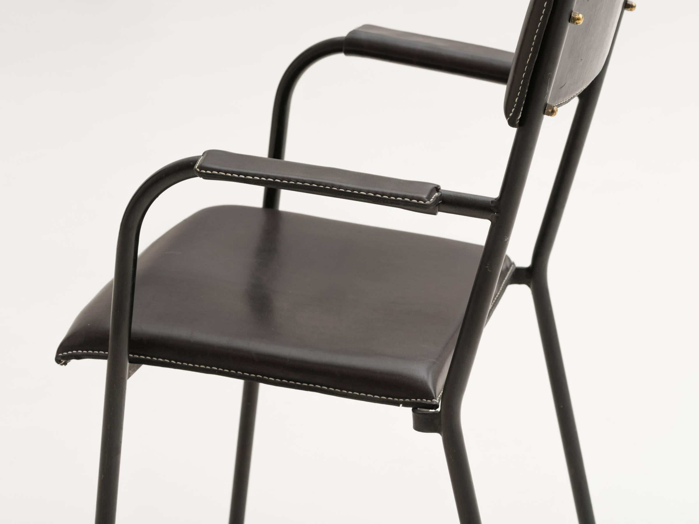 Stitched Black Leather Armchair by Jacques Adnet In Excellent Condition In Montreal, QC