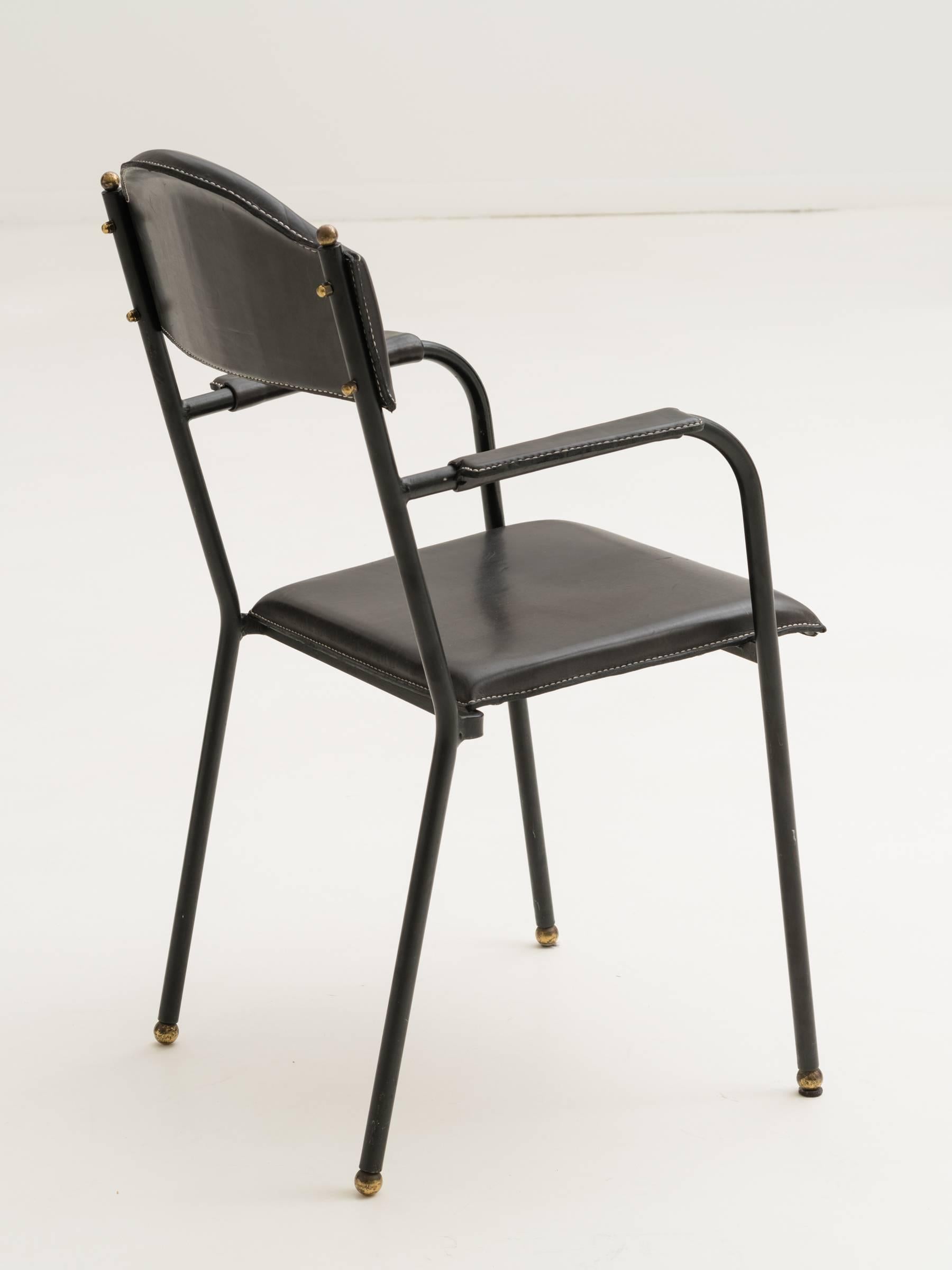 French Stitched Black Leather Armchair by Jacques Adnet