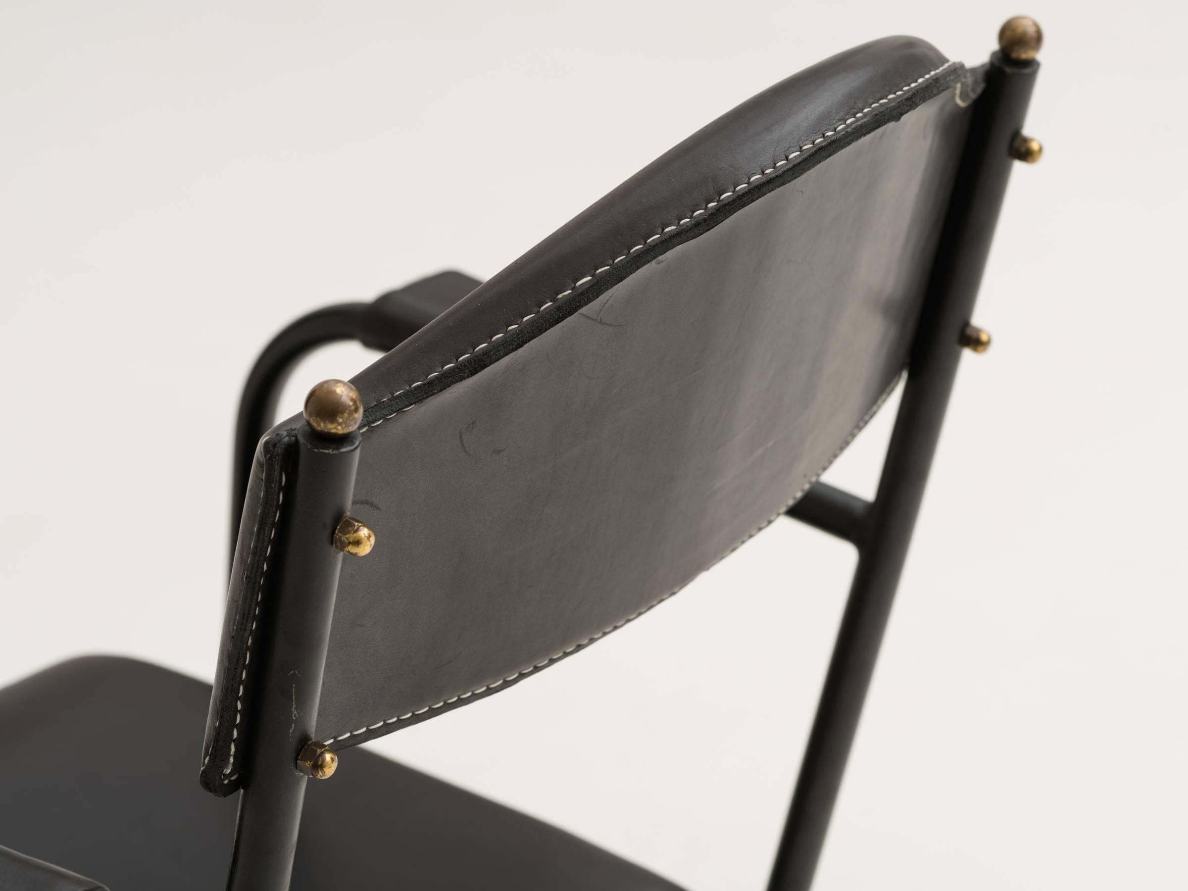 Art Deco Stitched Black Leather Armchair by Jacques Adnet