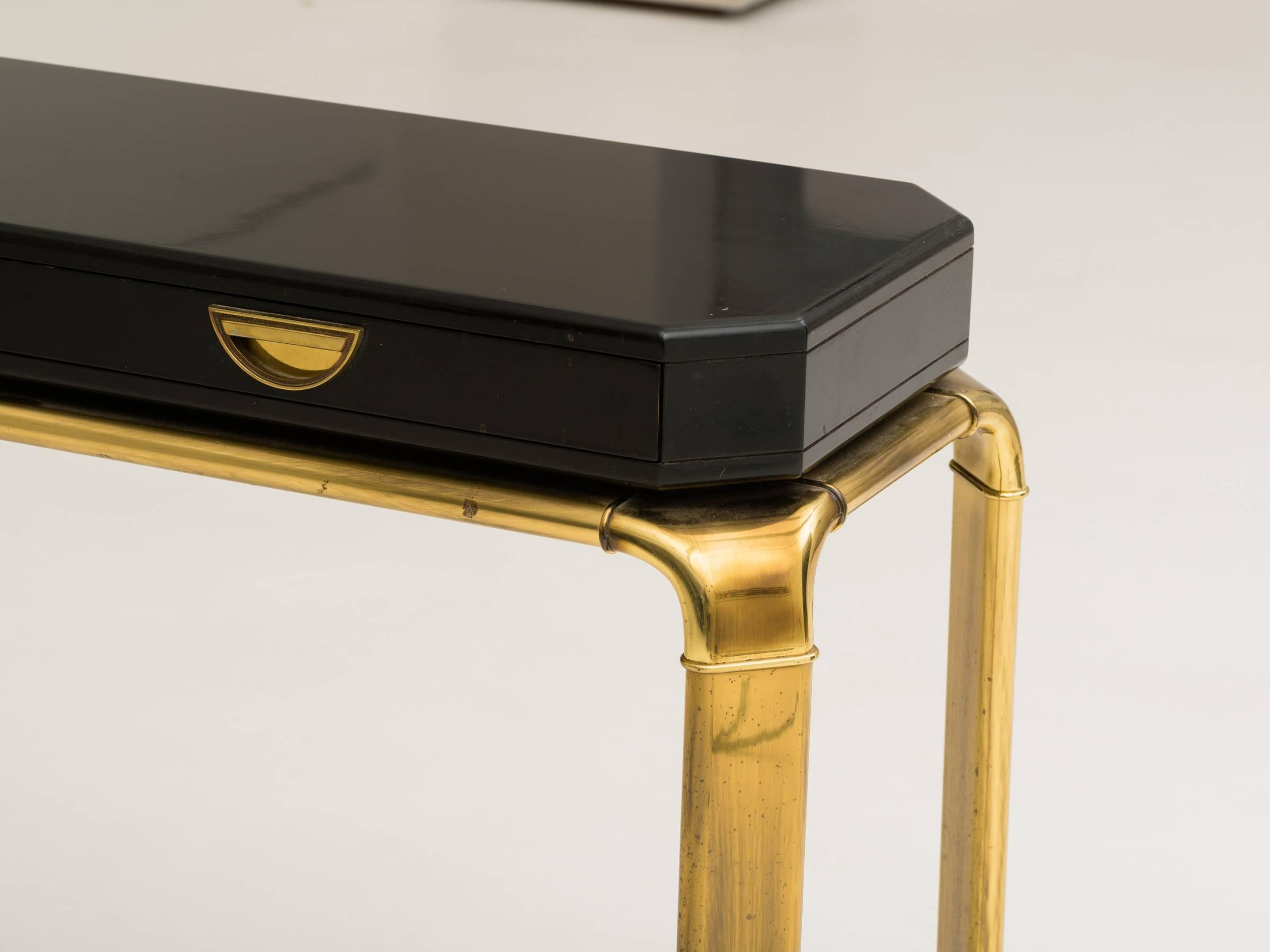 American Black Lacquered and Brass Mastercraft Console Table