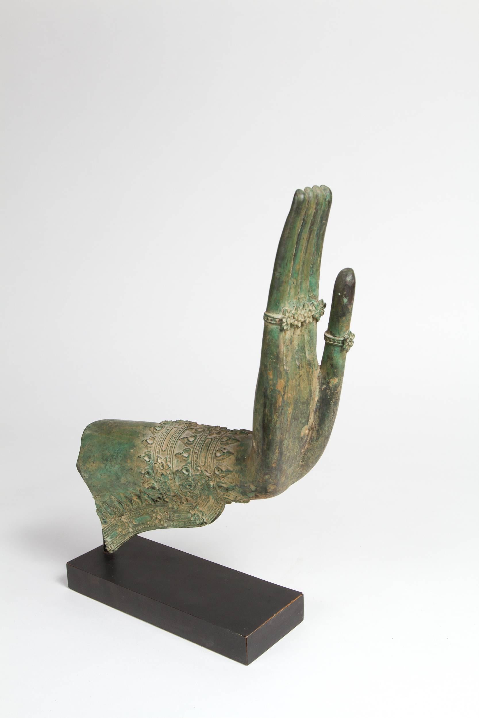 Late 20th Century Pair of Thai Green Patinated Bronze Buddha Hands