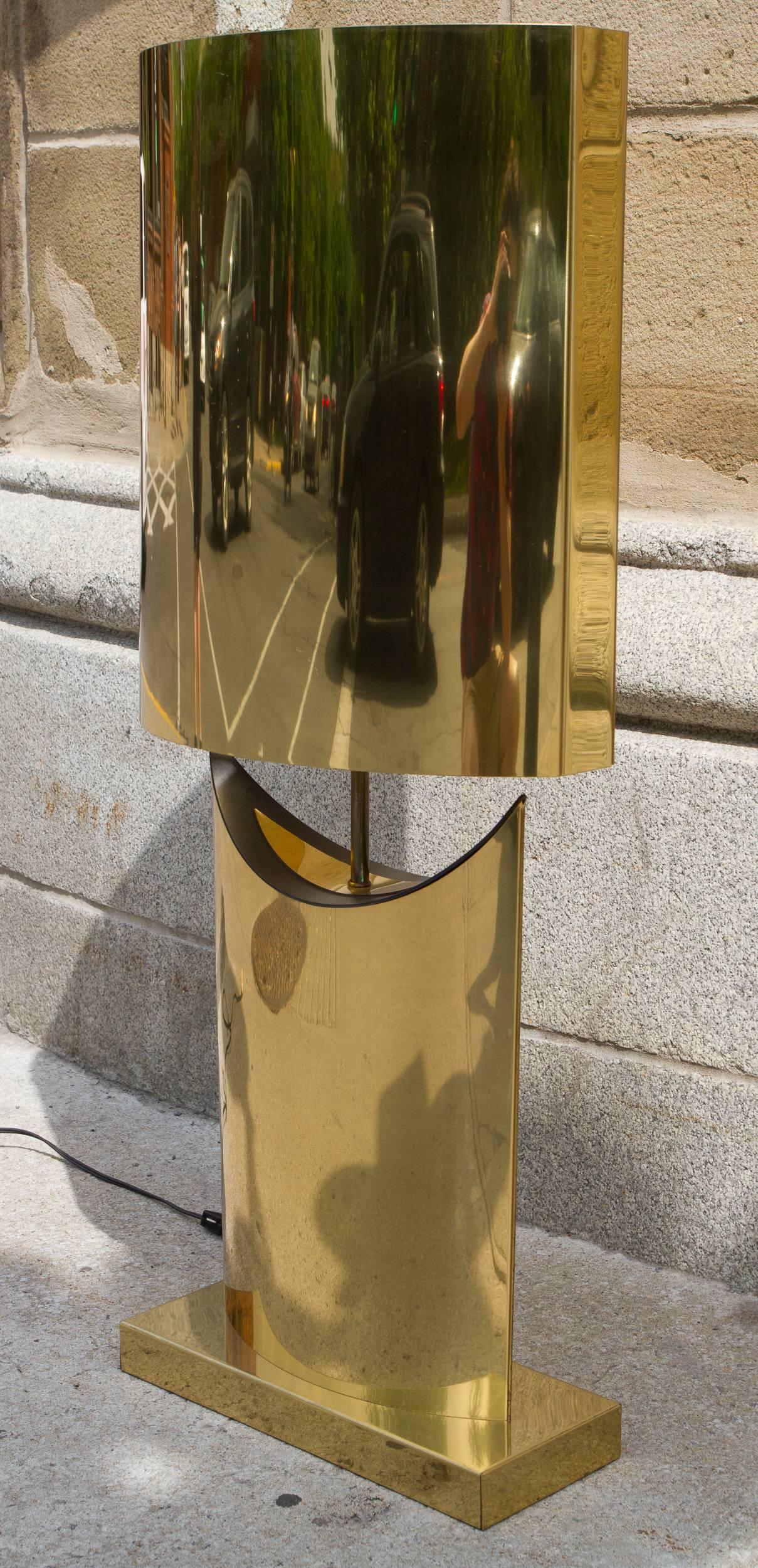 Beautiful, large-scale, lacquered brass, Modernist lamp by Curtis Jere. Signed on the shade 
