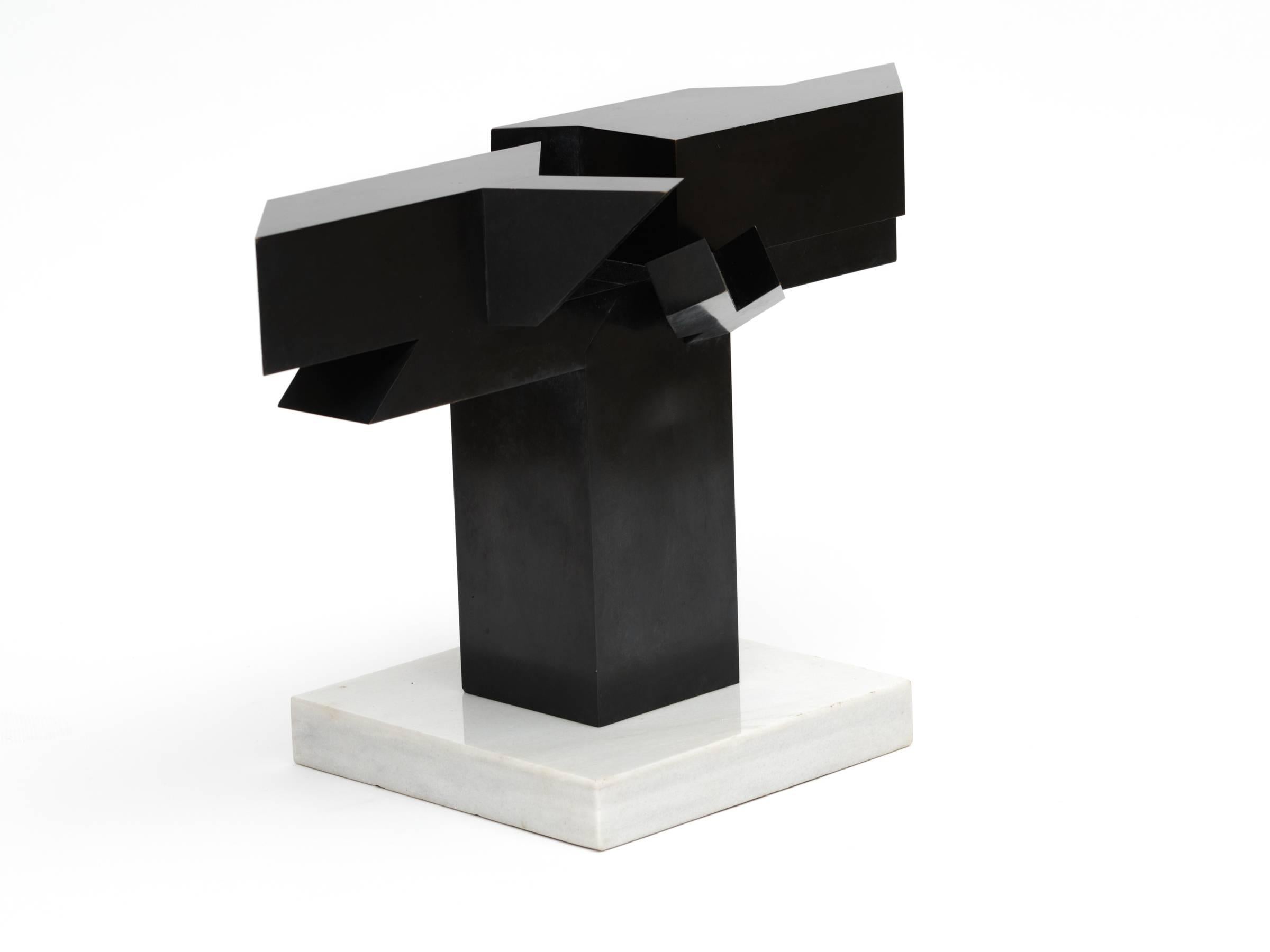 Graphic abstract geometric patinated bronze sculpture on white marble base. Dark rich patina. Signed 