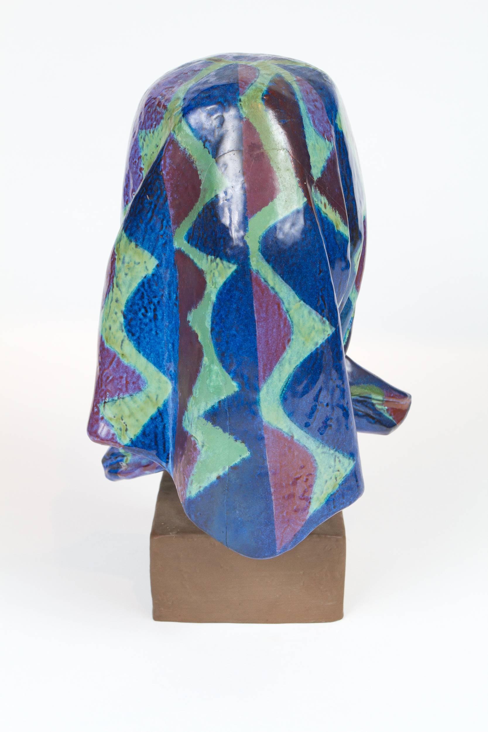 Danish Ceramic Sculpture of a Woman Wearing Colored Scarf by Johannes Hedegaard For Sale