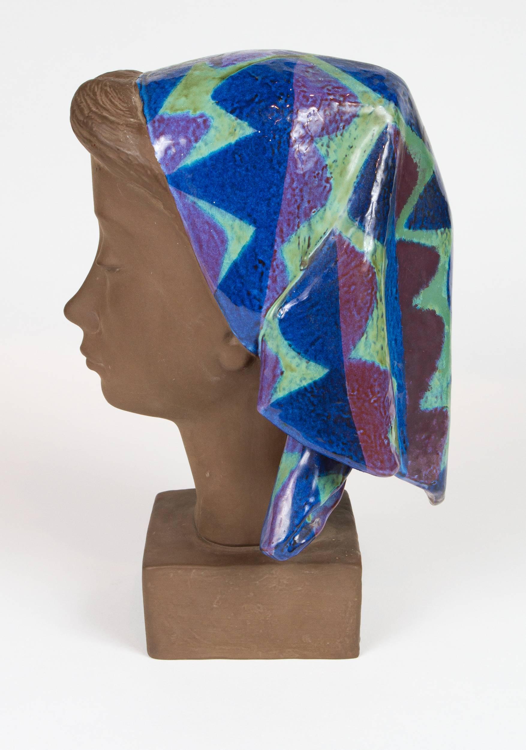 Mid-20th Century Ceramic Sculpture of a Woman Wearing Colored Scarf by Johannes Hedegaard For Sale