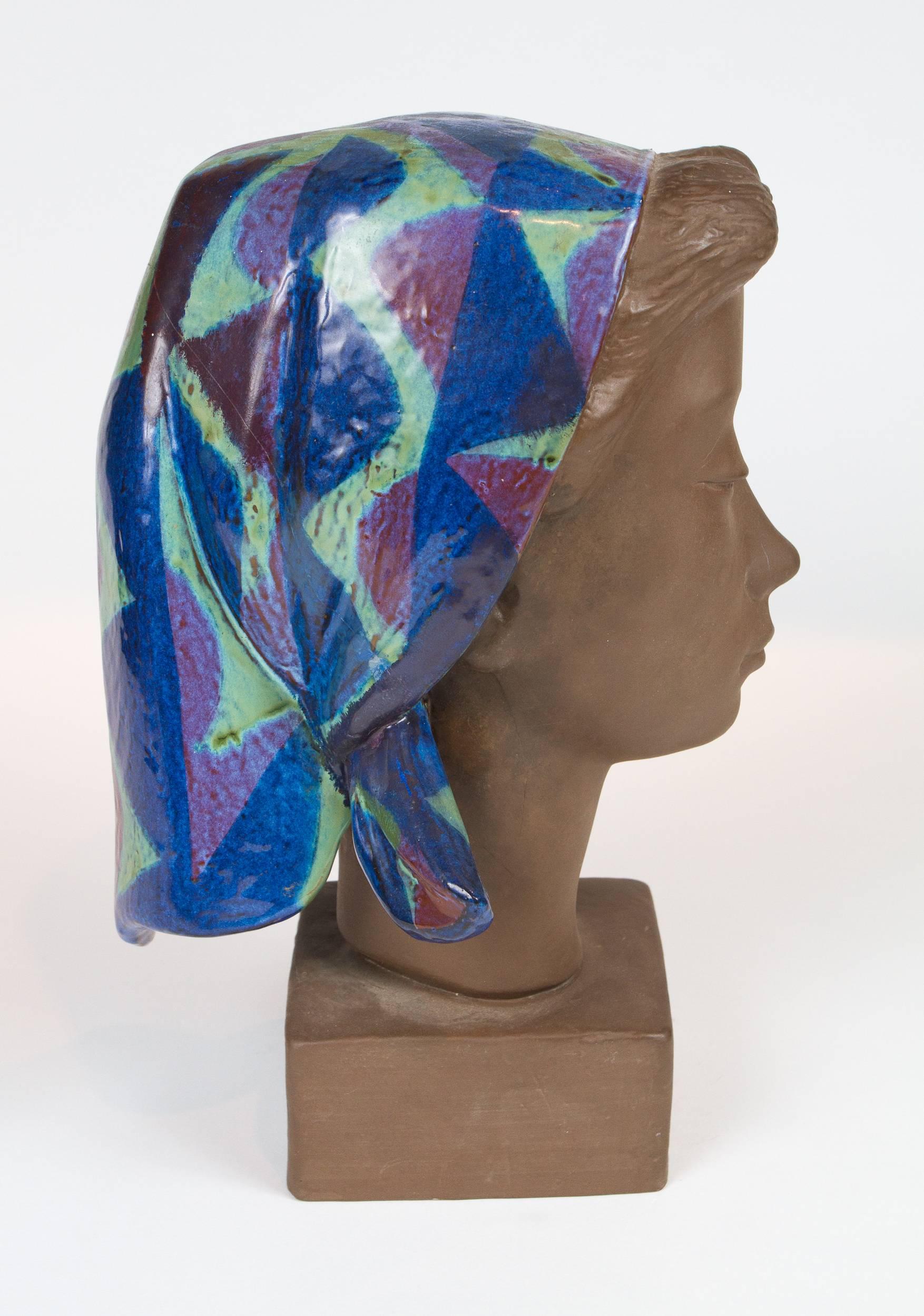 Ceramic Sculpture of a Woman Wearing Colored Scarf by Johannes Hedegaard For Sale 2