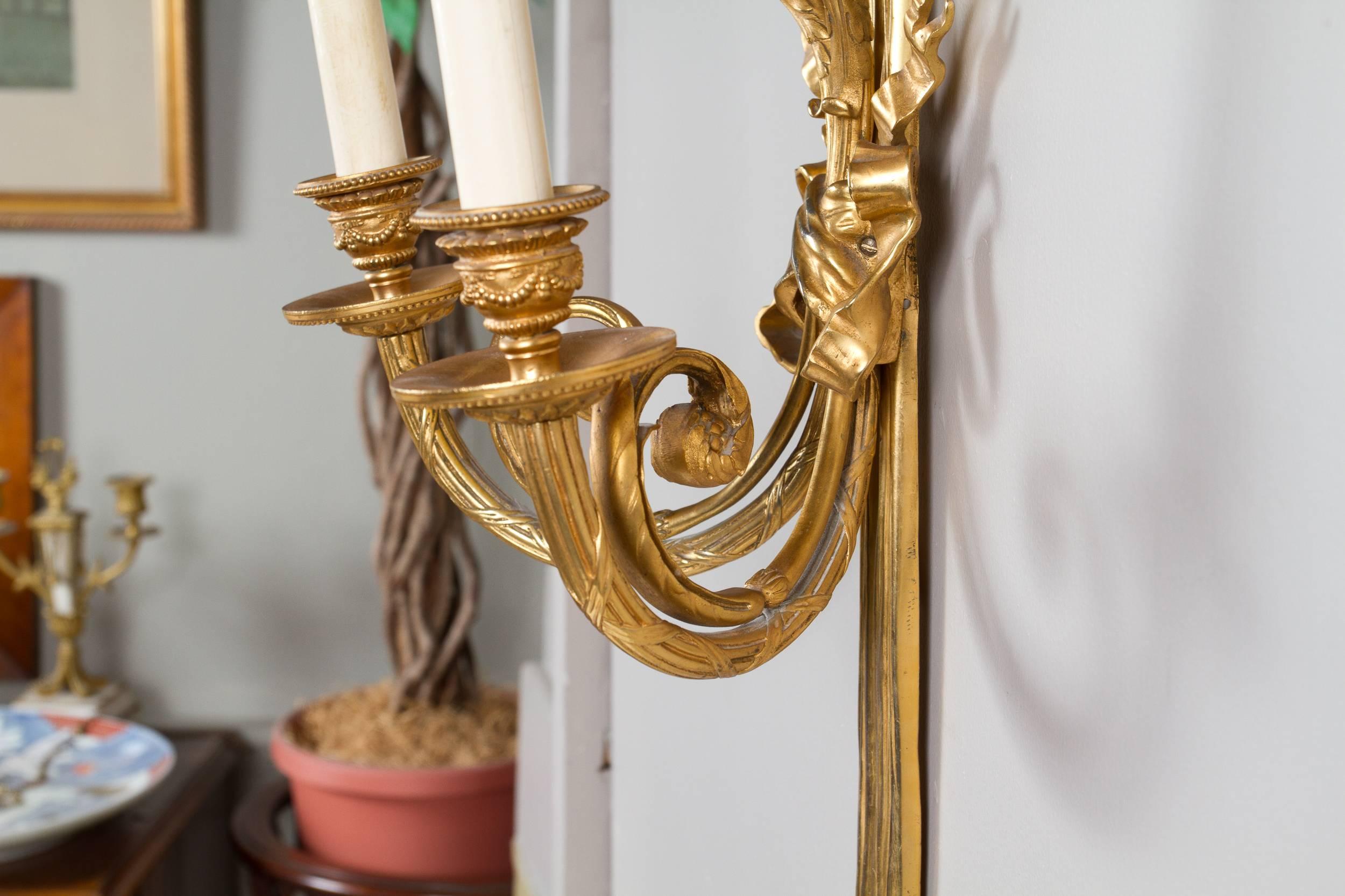 French Great Pair of Gilt-Bronze Louis XVI Style Sconces