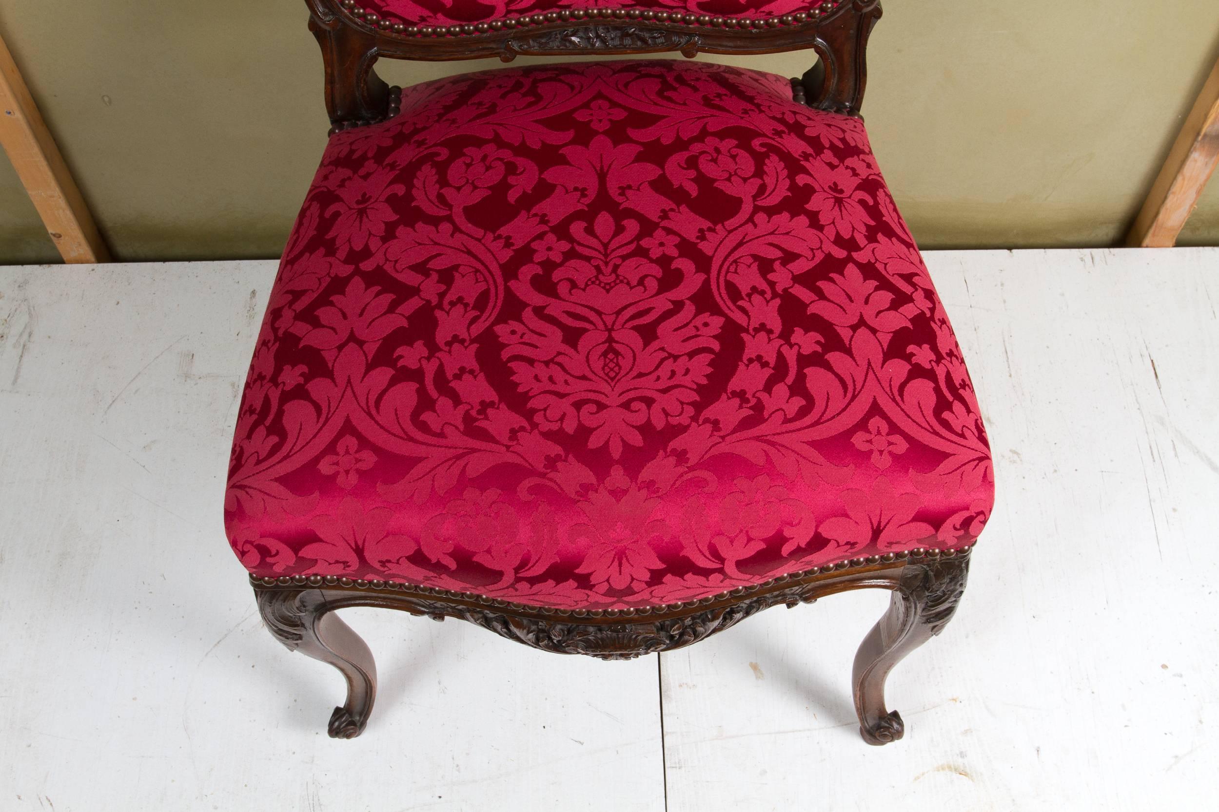 Fabric Set of Four Louis XV Style Crimson Red Dinning Chairs