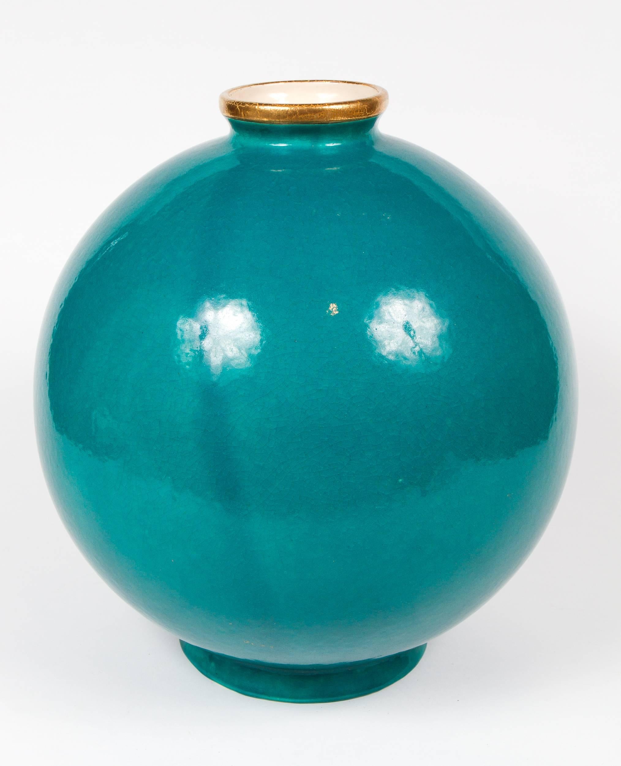 Important turquoise blue crackled glazed ceramic vase by Longwy for Maison Jansen, the upper rim decorated with gold leaf. Marked: 