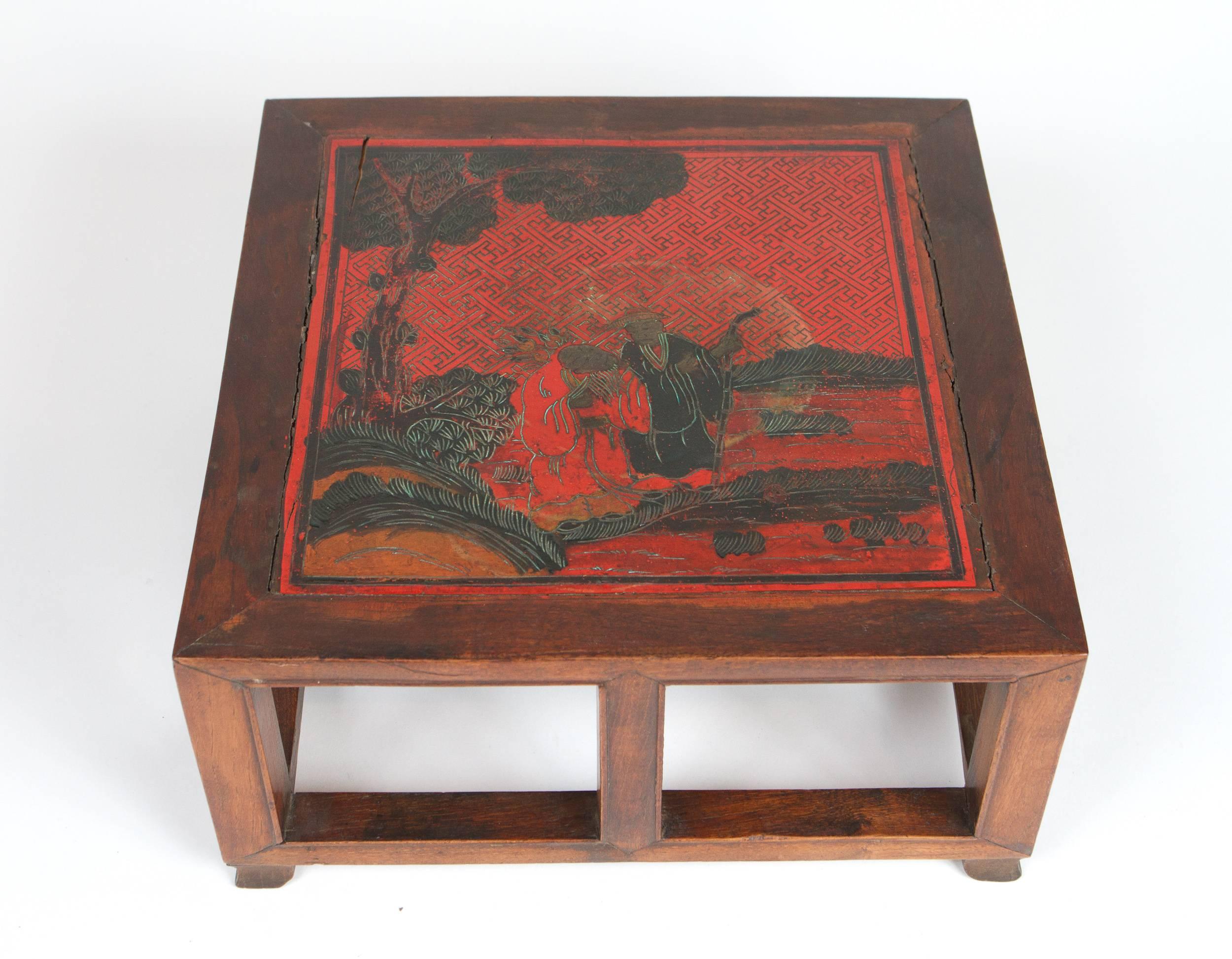 Qing Dynasty Chinese export red lacquered hand painted tray depicting two sages in a discussion. 
Bearing glued paper mark under the base.