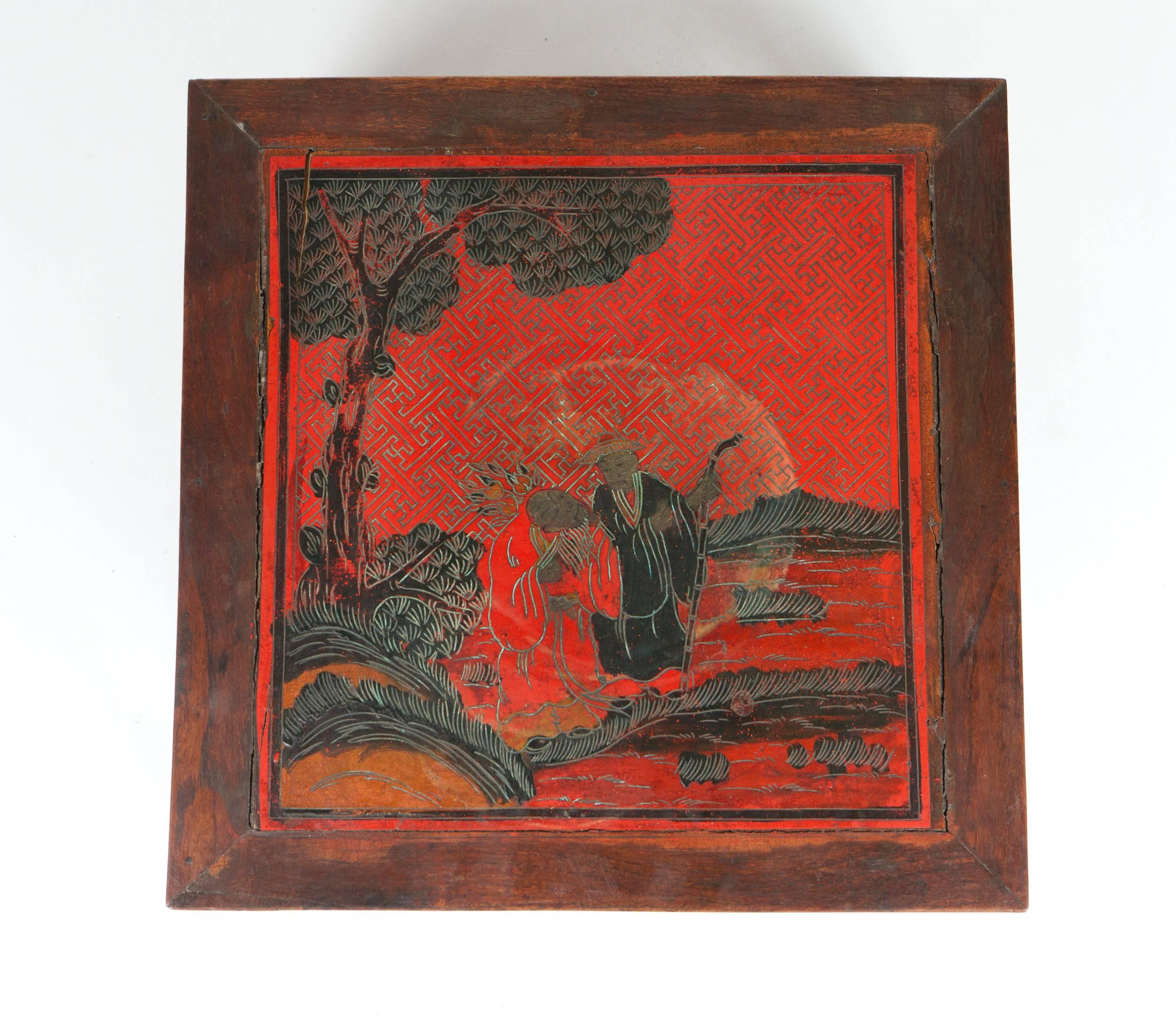 Qing Dynasty Chinese Export Red Lacquered Hand Painted Tray For Sale 1