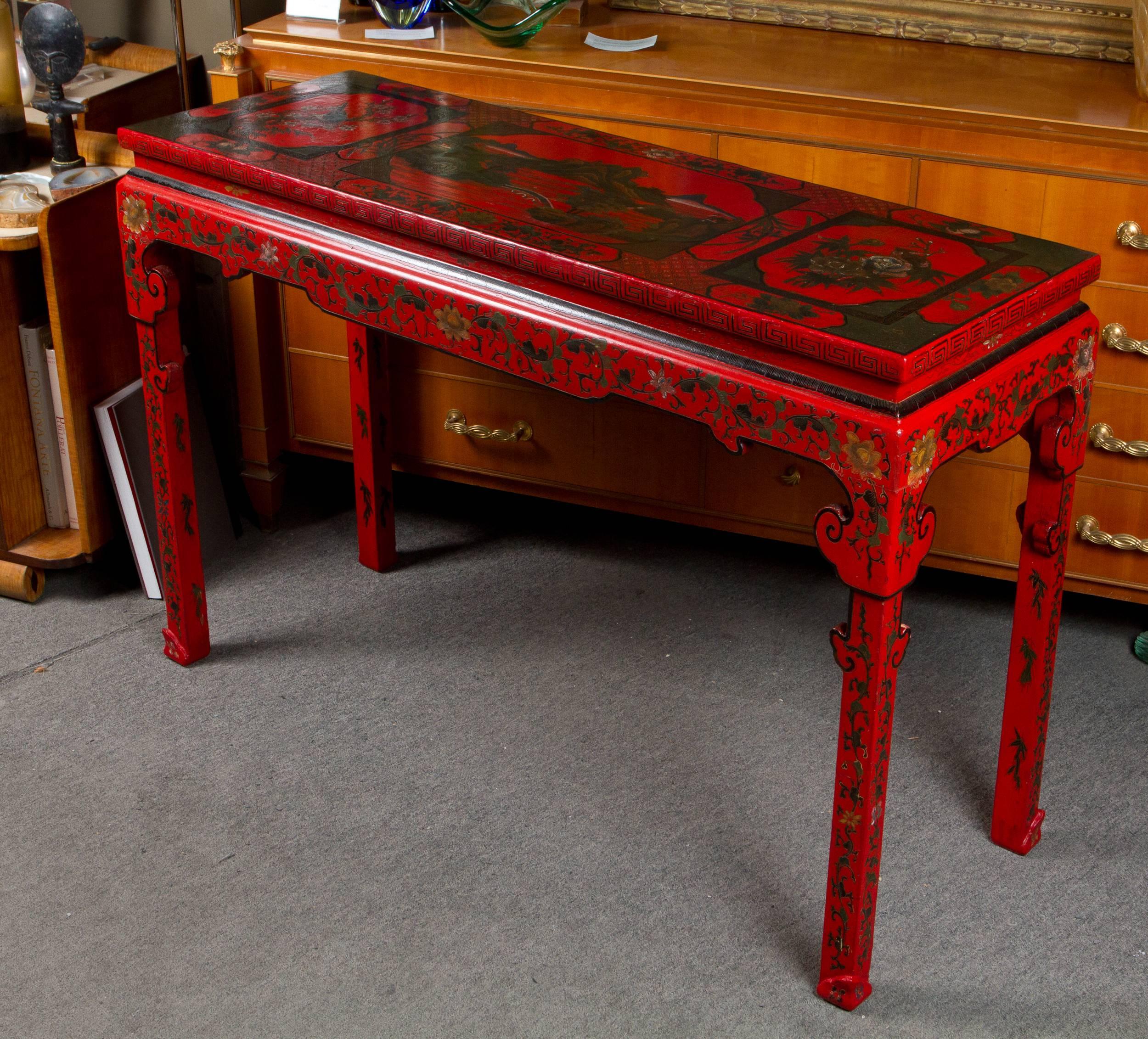 Vibrant Red Cinnabar Lacquered Chinese Altar Table For Sale 1