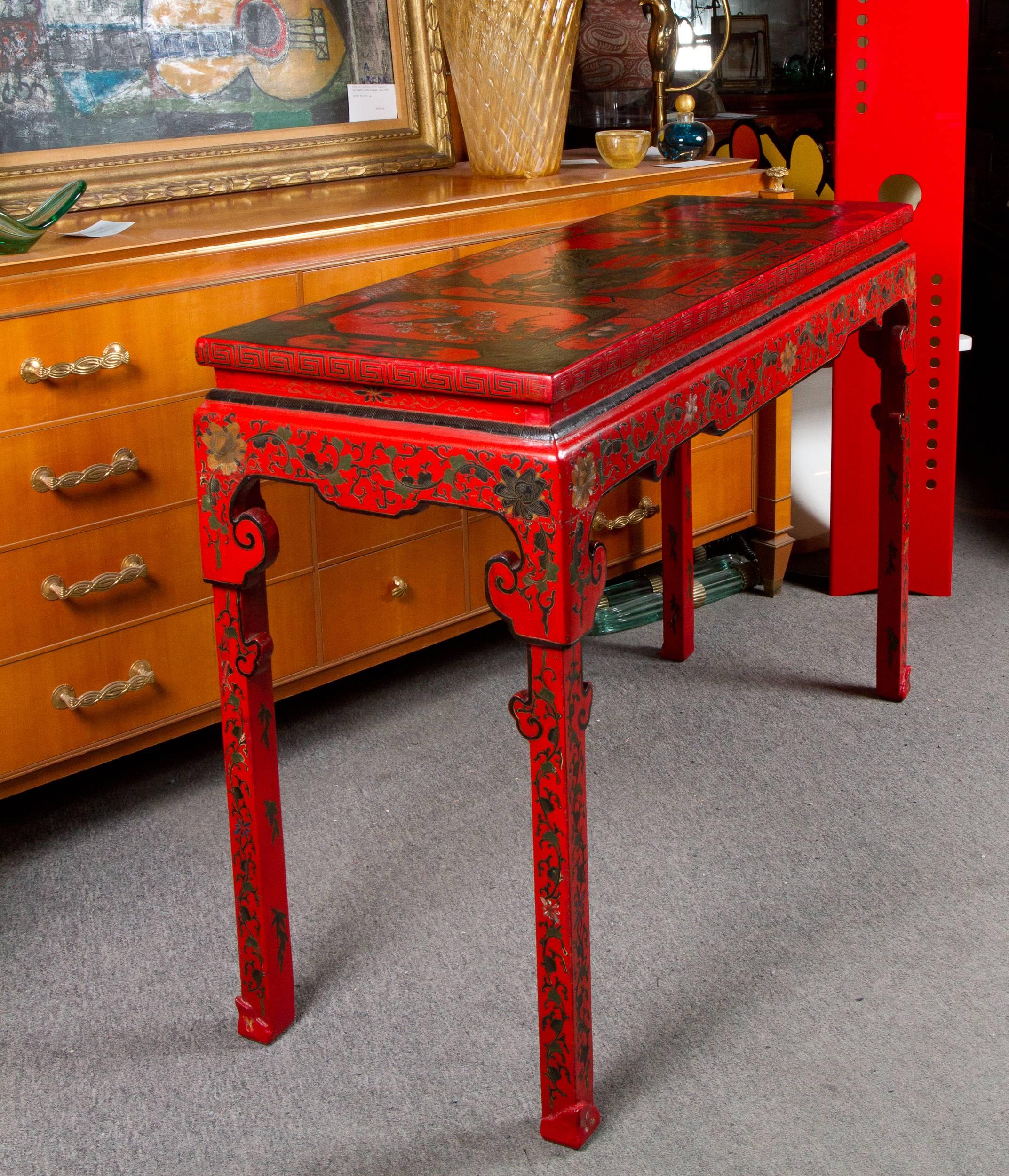 Vibrant Red Cinnabar Lacquered Chinese Altar Table For Sale 2
