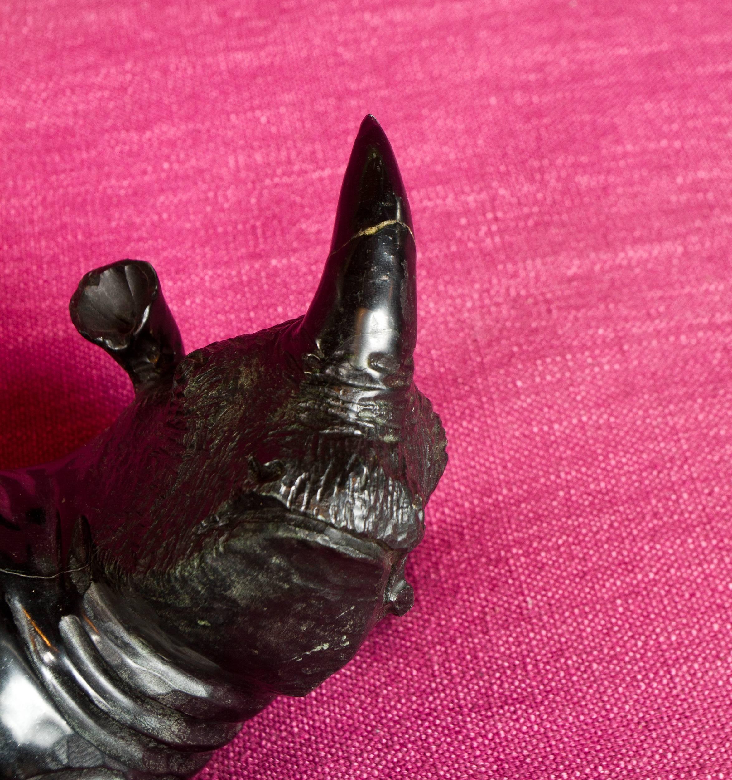 Late 20th Century Black Stone Carved Rhino Sculpture For Sale