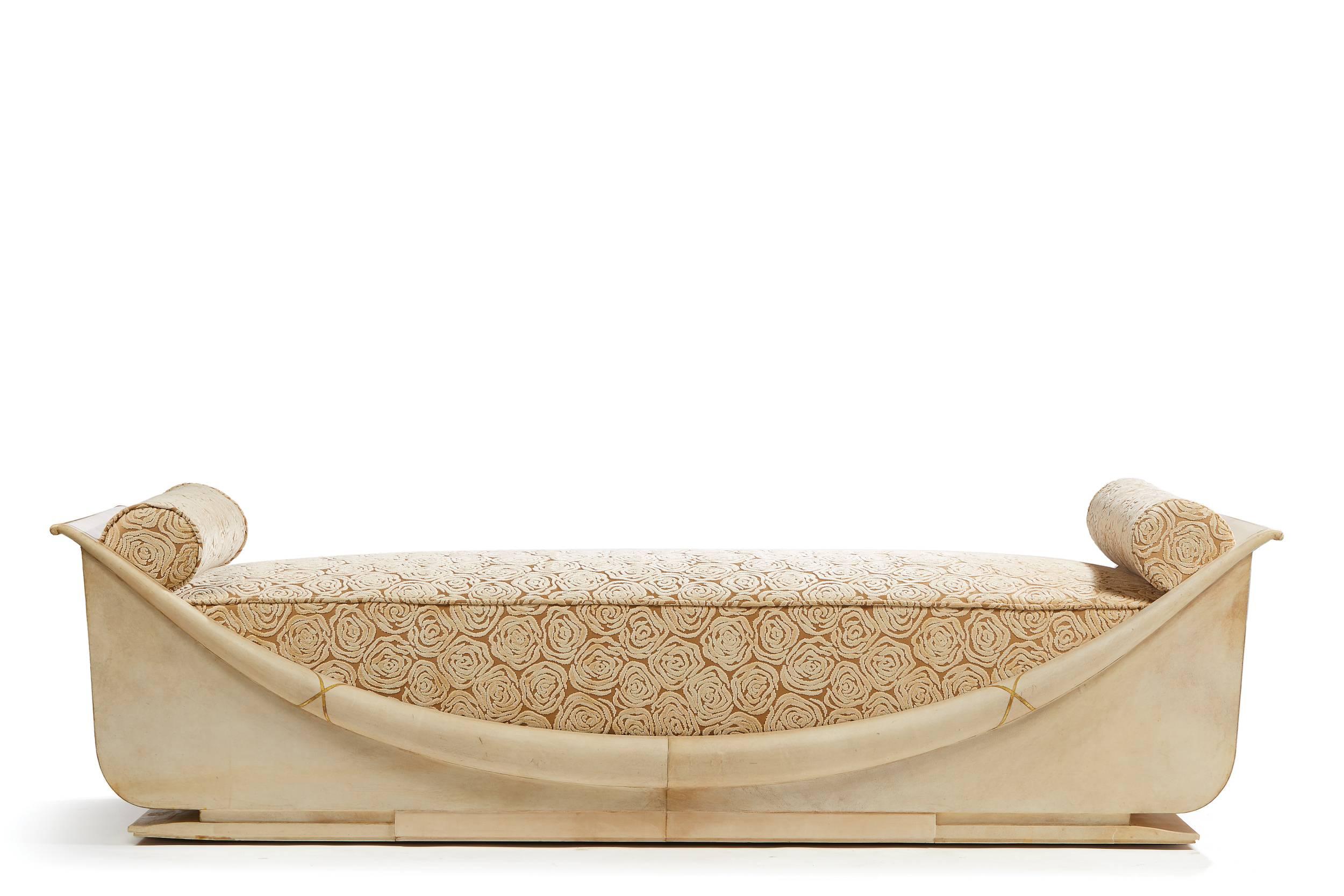 André Arbus (1903-1969) Exceptionnal and unique curved daybed in parchment and upholstered in velvet with floral motives. Signed twice “André Arbus”, circa 1937-1940. 
Provenance:Reference: Yvonne Brunhammer, “André Arbus”, Norma éditions, Paris,