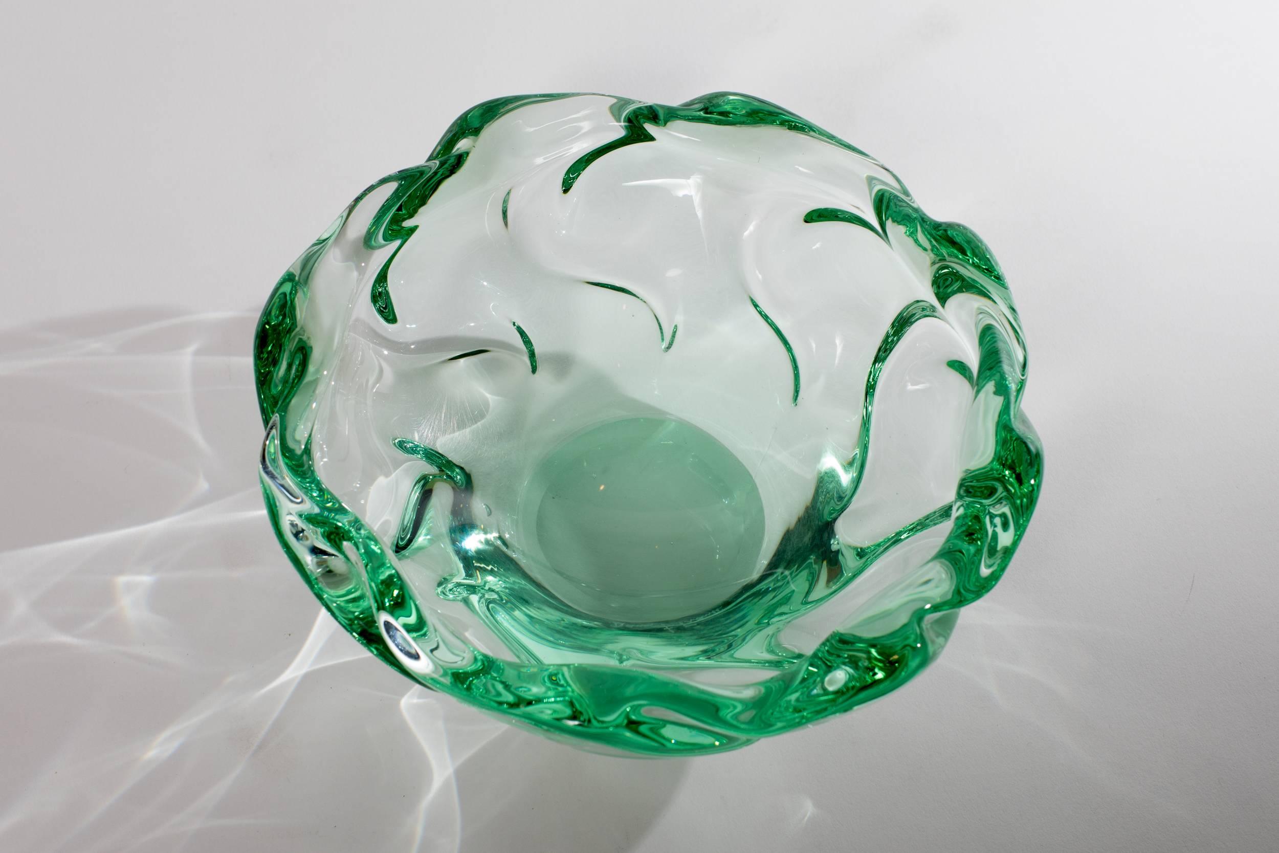 Light green and transparent glass bowl by Daum signed etched: 