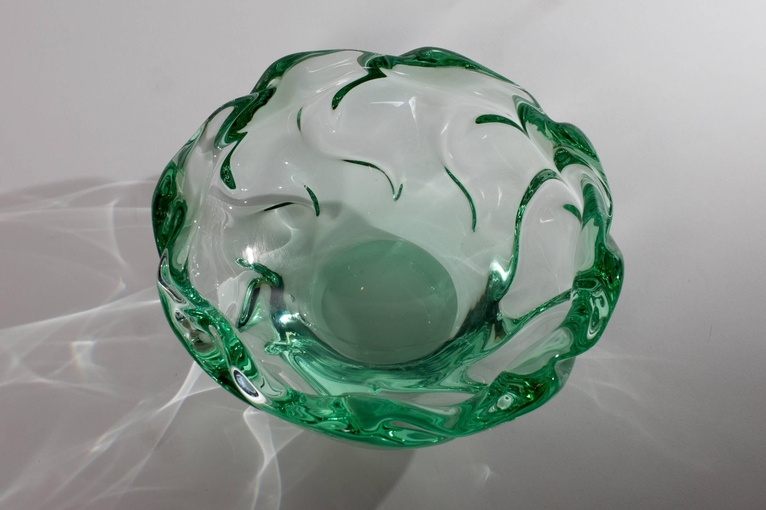 Mid-20th Century Light Green and Transparent Glass Bowl by Daum For Sale