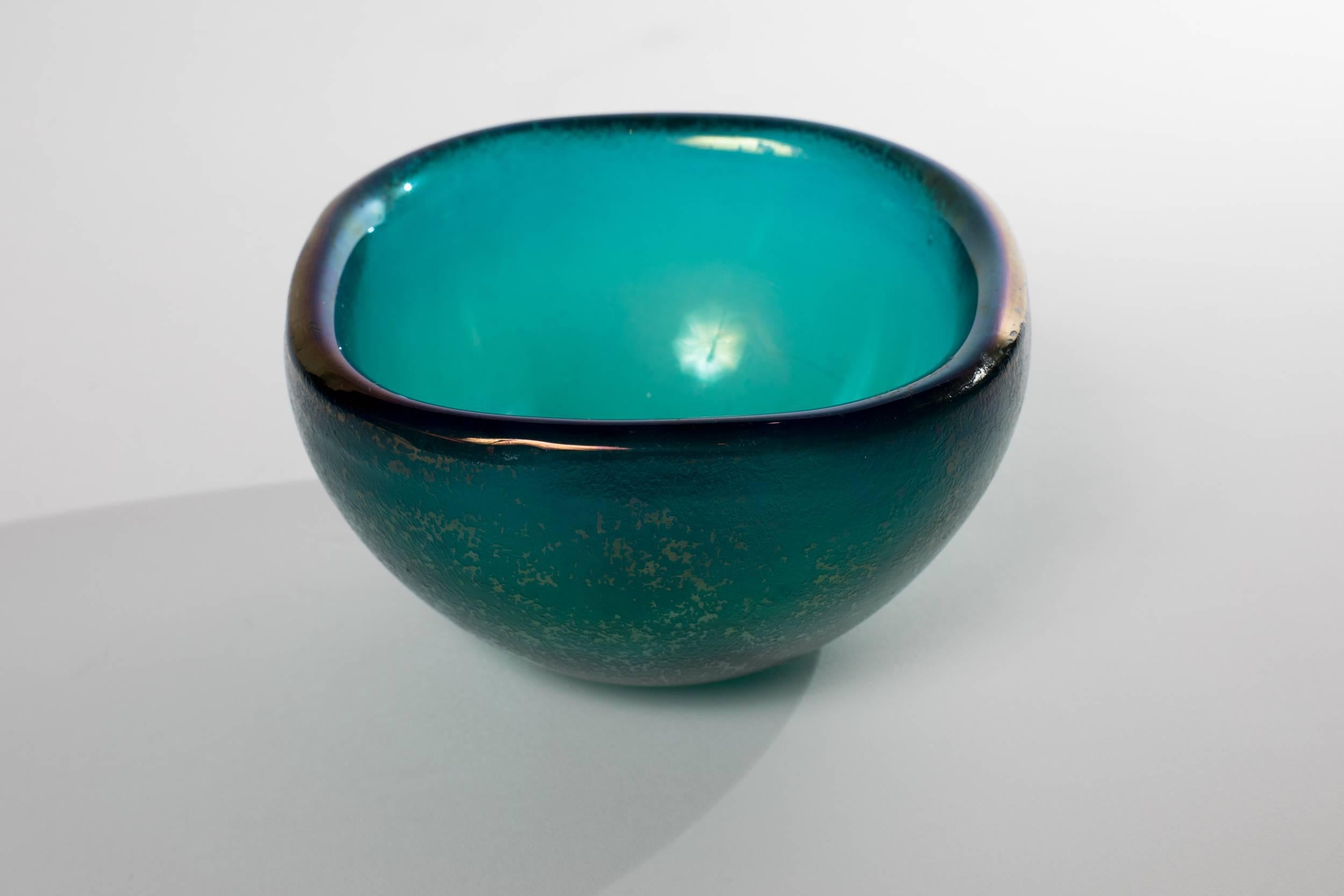 Vibrant blue color Italian Corroso glass bowl attributed to Carlo Scarpa.
