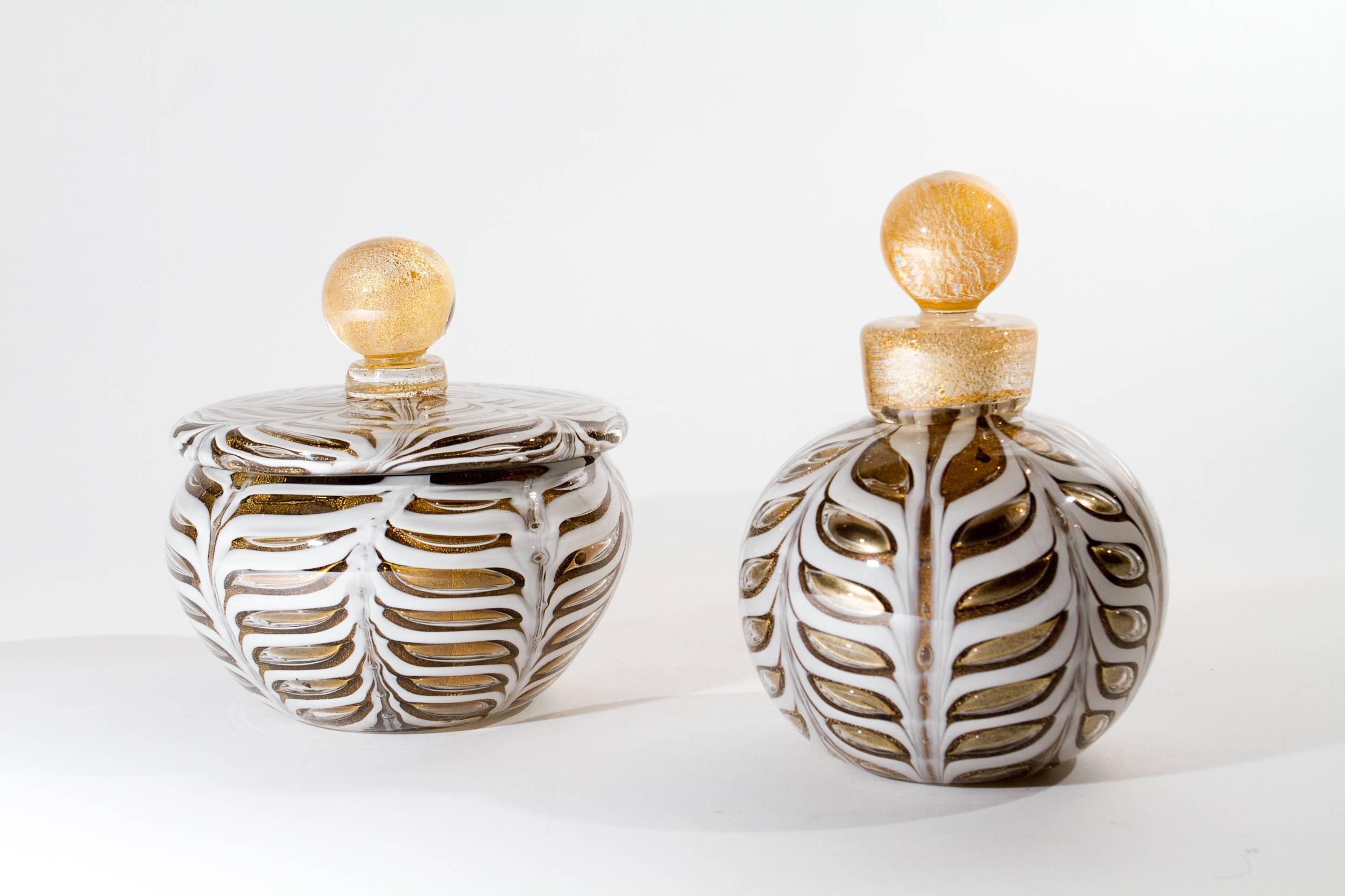 Blown glass perfume bottle and covered bowl with gold inclusions by Barovier & Toso.