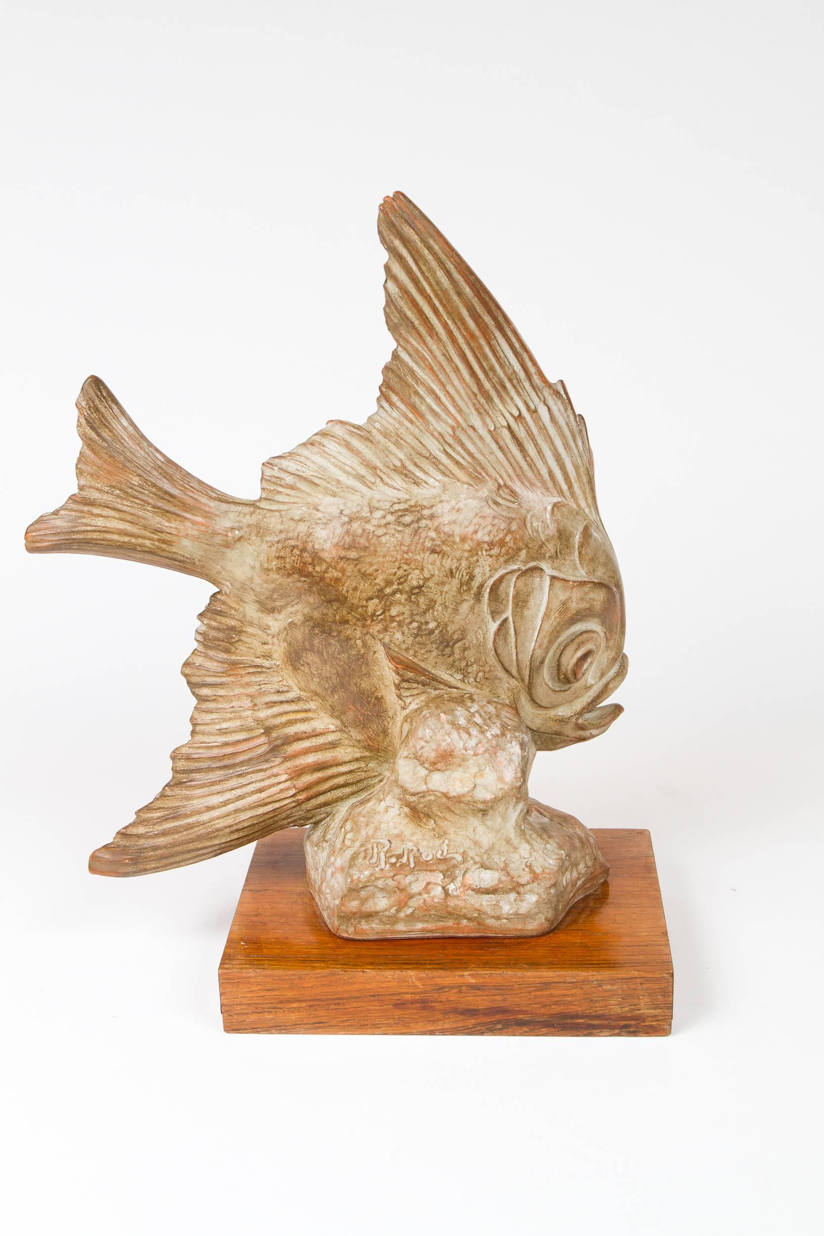 French Terracotta Art Deco Figurine of a Fish by R. Rodes For Sale