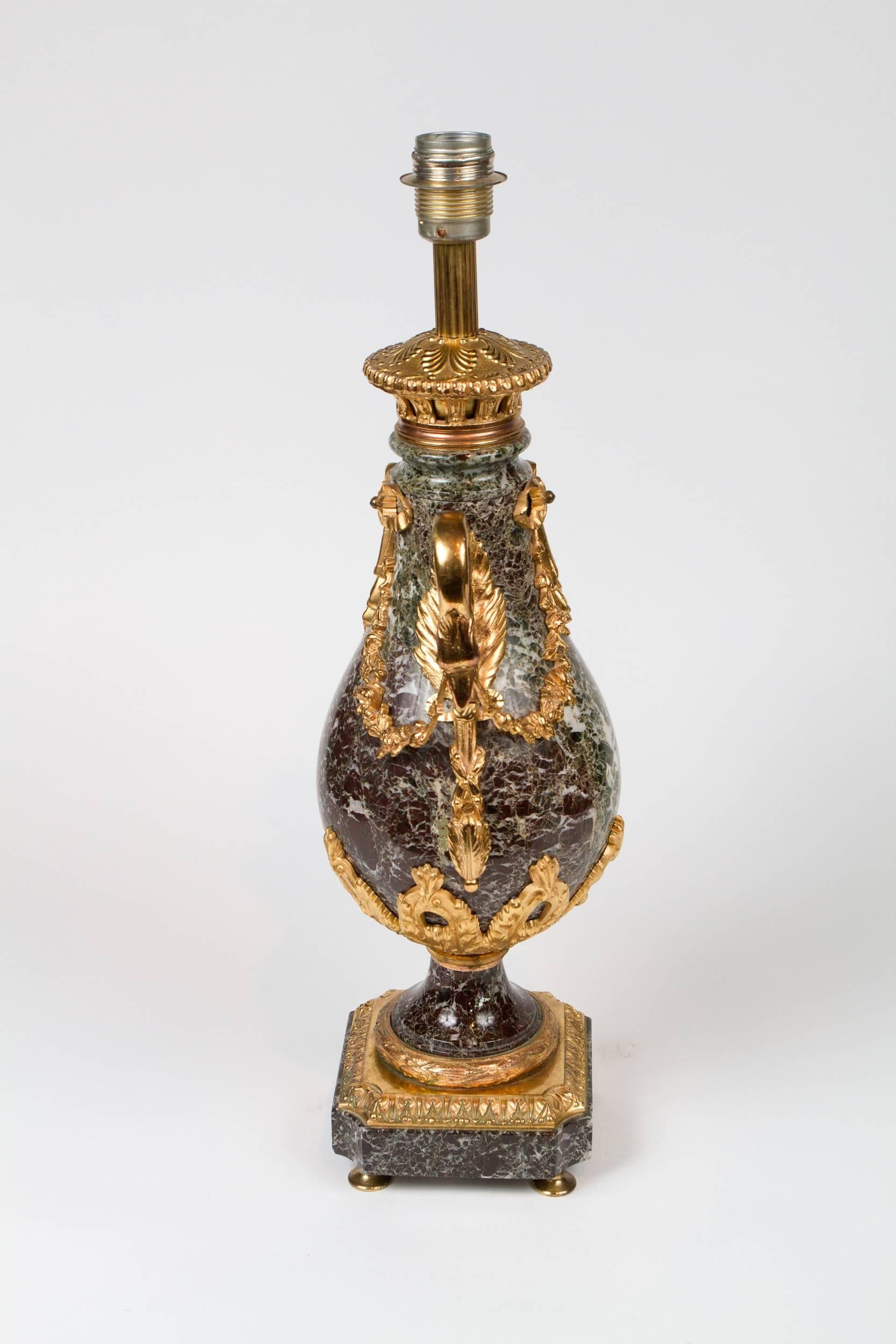 Early 20th Century Pair of Empire Style Gilt Bronze and Levanto Marble Lamps For Sale