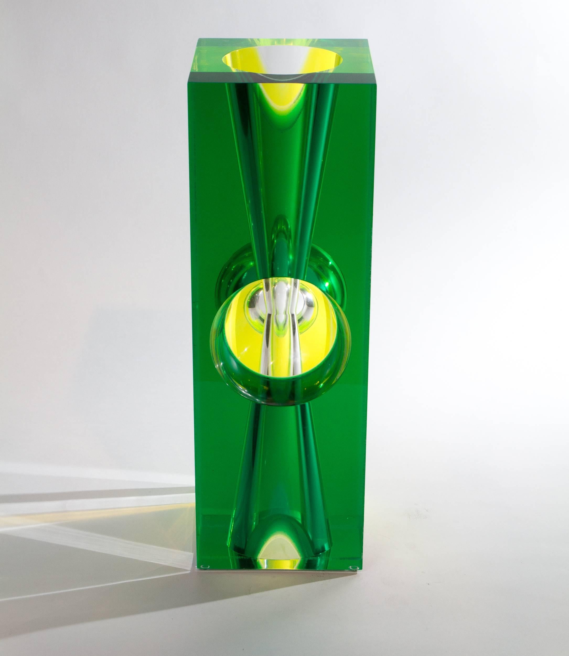 Green and yellow fluorescent hard edged Minimalist Lucite sculpture by Roz Stroll. Signed 