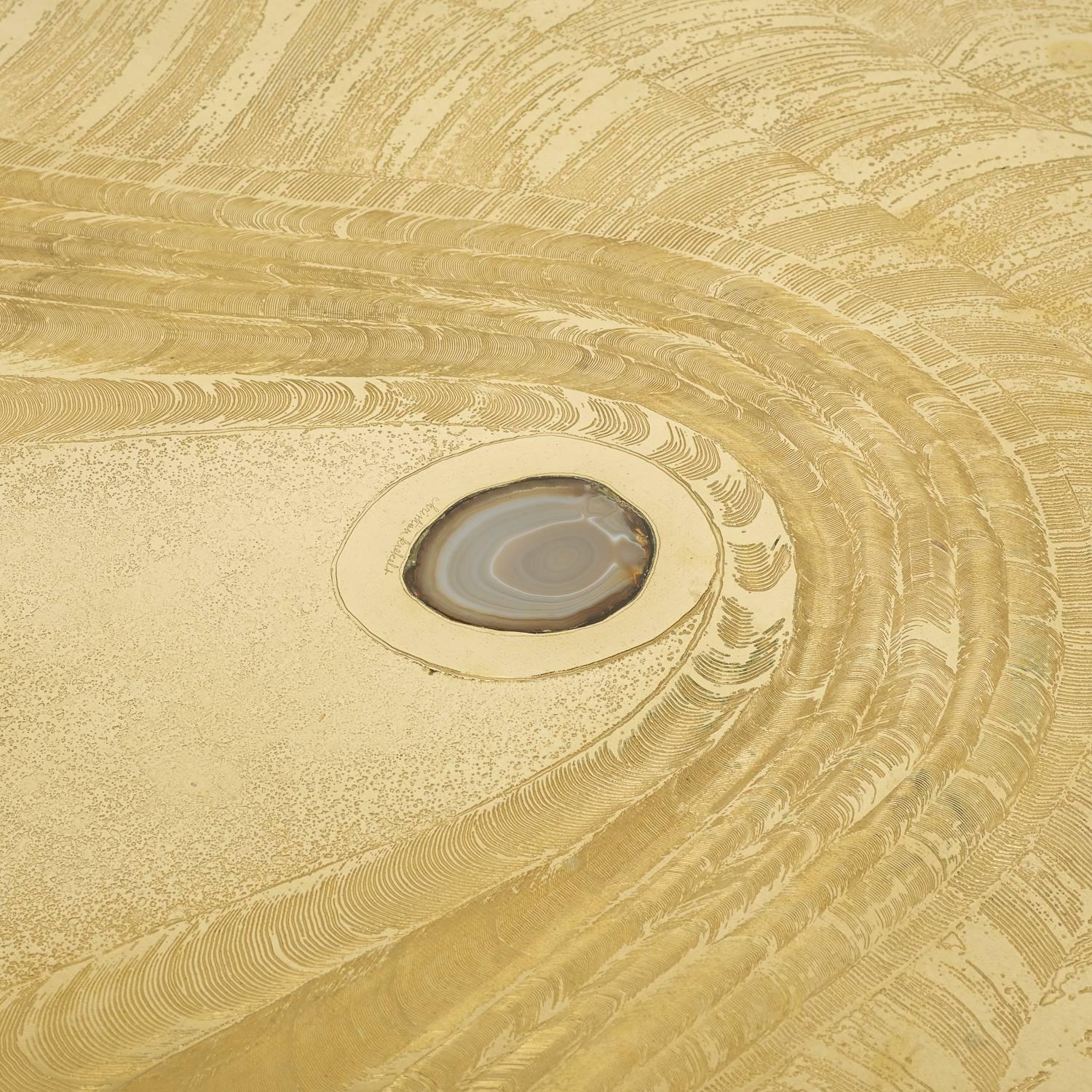 Rare acid etched brass coffee table by Christian Krekels, the top inset with an agate stone.