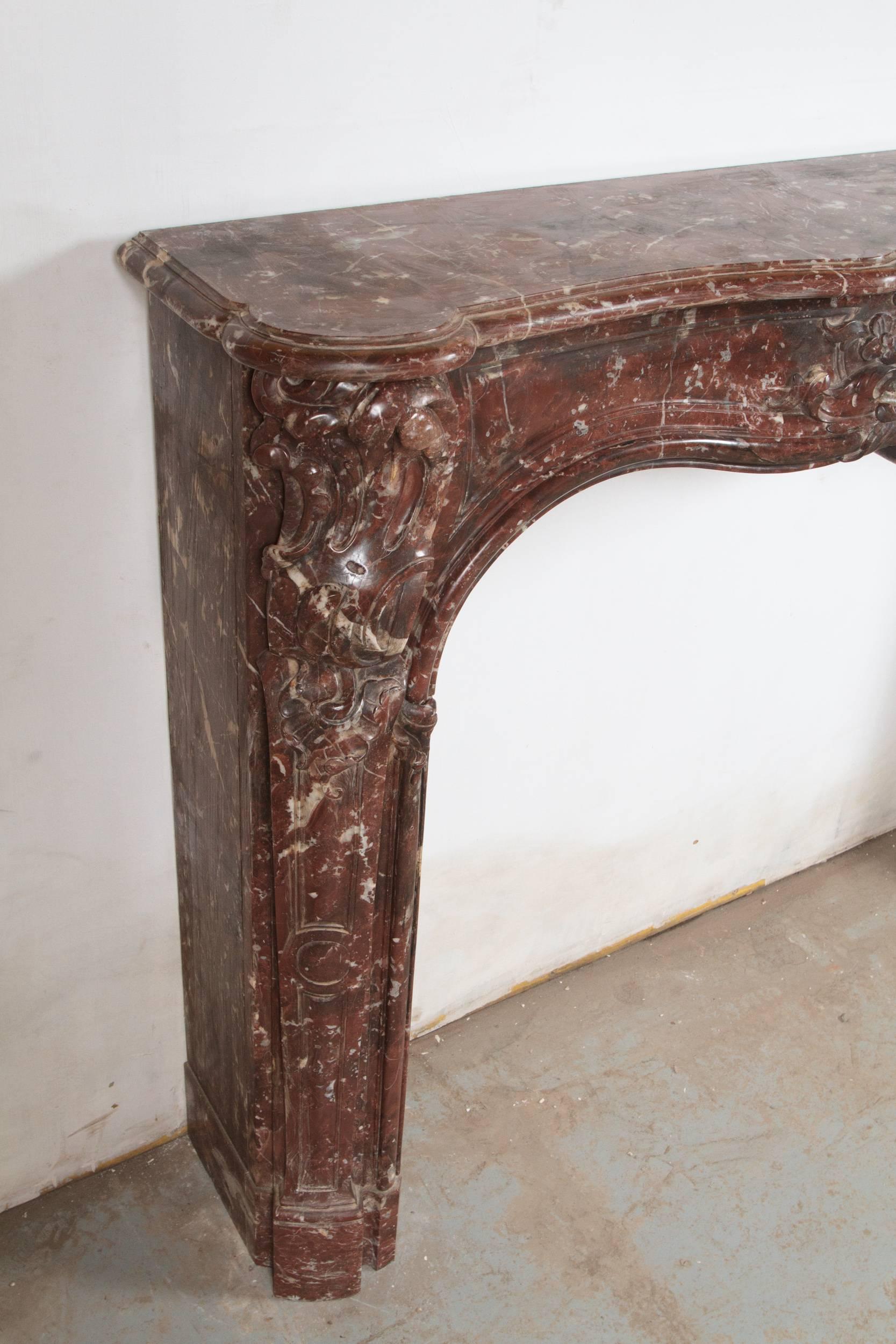 Beautiful Louis XV Style Rouge Royale Marble Mantel In Excellent Condition In Montreal, QC