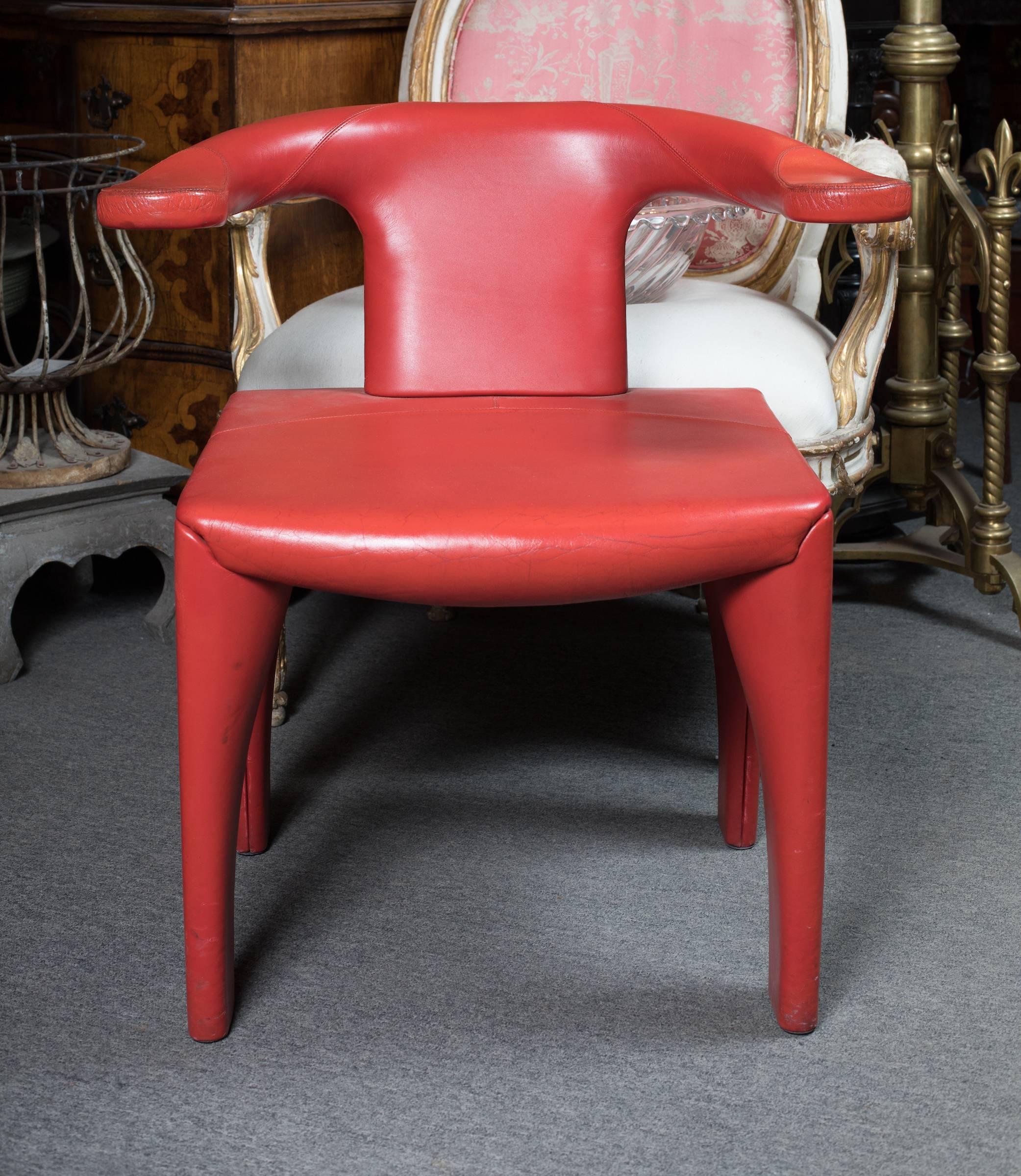 Unusual stitched red leather modernist chair, designed after a Chinese 