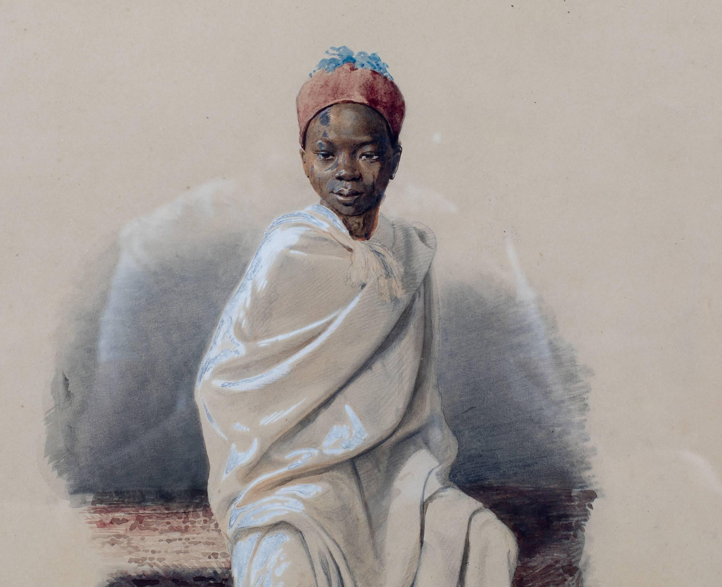 Orientalist watercolor of an Arab boy on an oriental rug. Inscribed in the back the former owner of the painting:
W. de Keller 1 rue Goethe Paris.
 