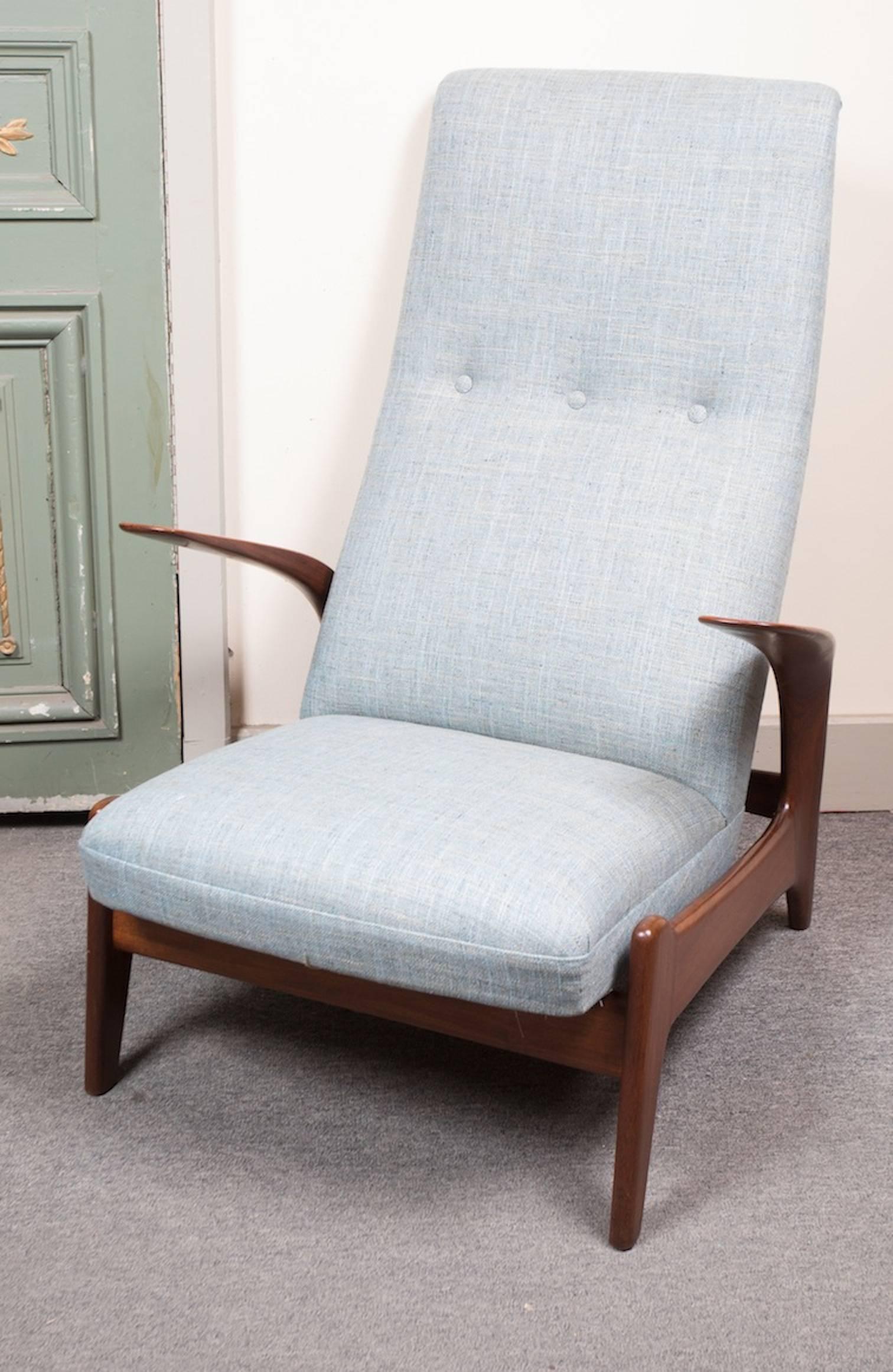 Great Pair of teak  armchair Rock'n Rest by Rolf Rastad & Adolf Relling for Arnestad Bruk and all newly upholstered. These chairs are fitted with an adjustable mechanism to adjust the inclination of the chairs at different levels as well as a