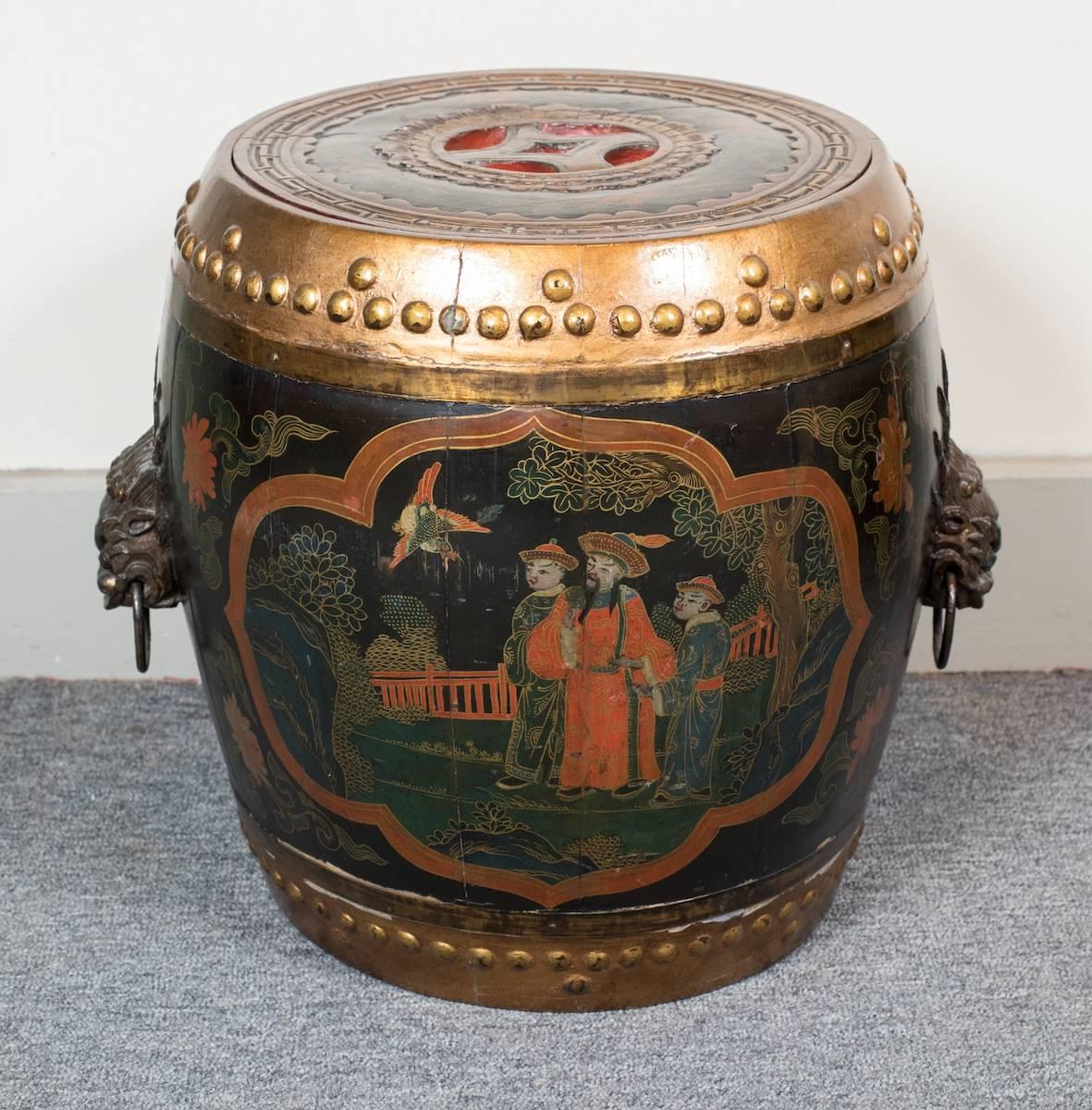 Pair of lacquered and painted wood Asian style barrel shape side tables fitted with decorative metal handles.