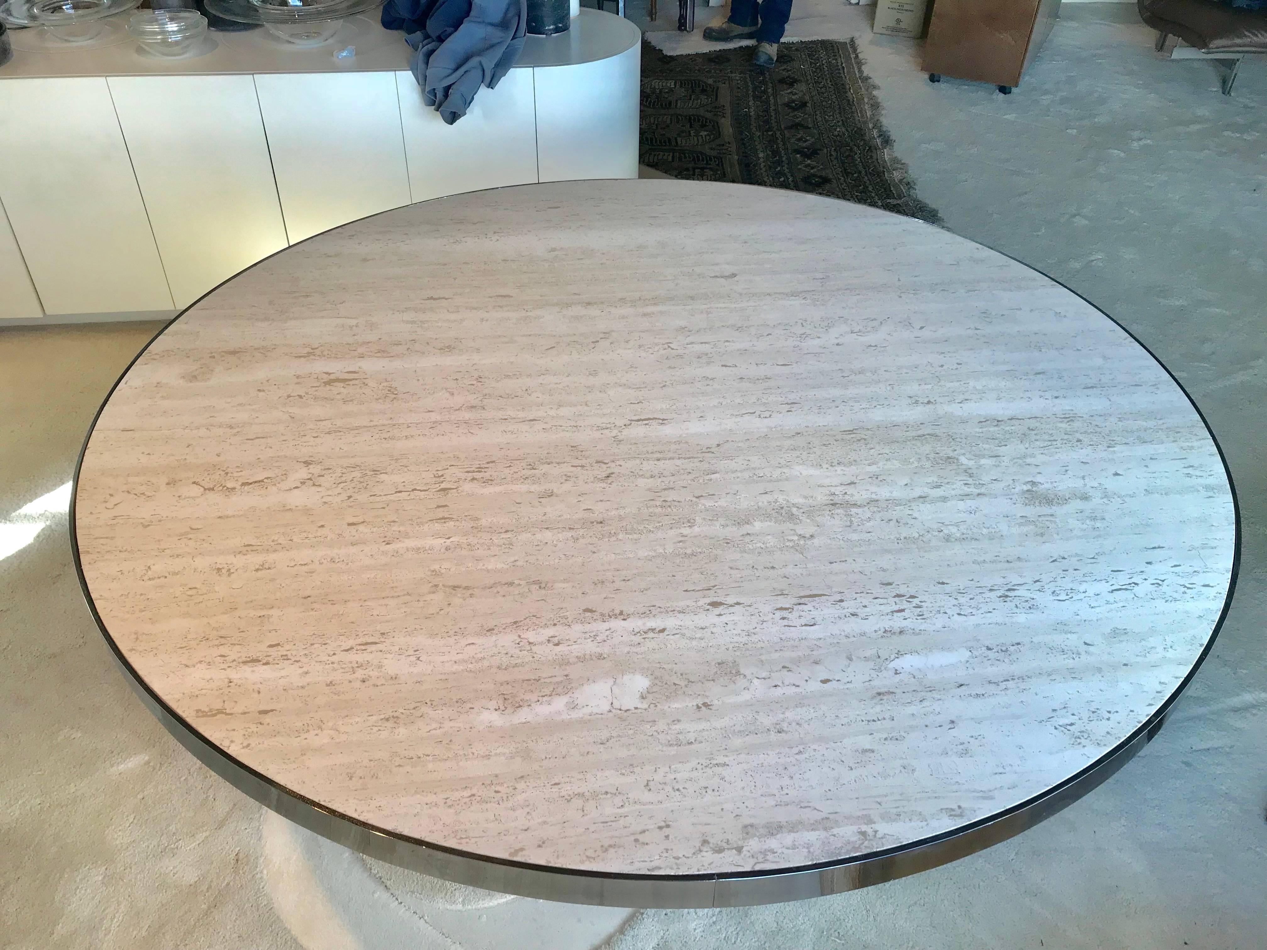 Italian Modernist Circular Travertine Top and Chrome Dining Table 1