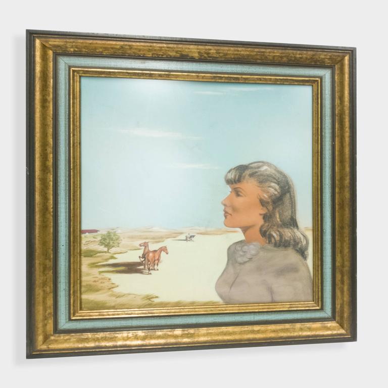 Oil portrait of a woman in profile, gazing pensively into the distance; against a background of dunes and horses grazing. Beautifully framed in dark bronze wood with band of cerulean blue.