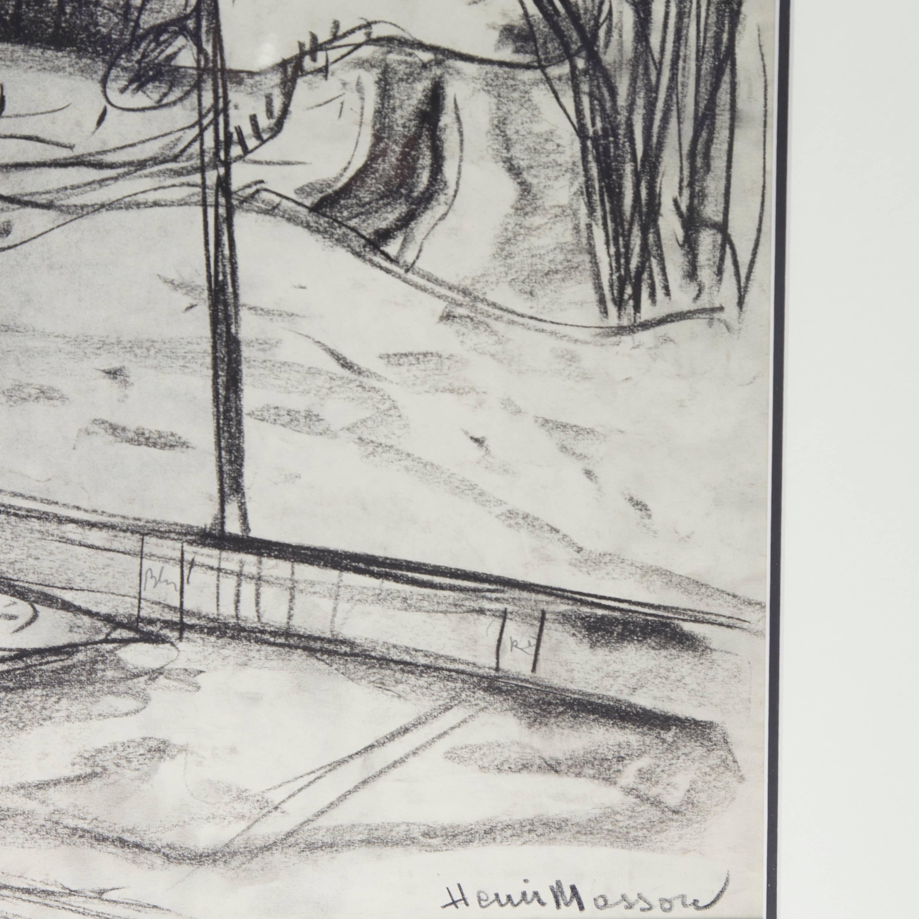 Charcoal Landscape by Henri Leopold Masson (1907-1996) unframed size: 18.5” x 24”; framed size: 27.5” x 32.5”
Henri Léopold Masson, painter (b at Spy, Belgium 10 Jan 1907; d at Ottawa 9 Feb 1996). Largely self-taught, Masson combined his narrative
